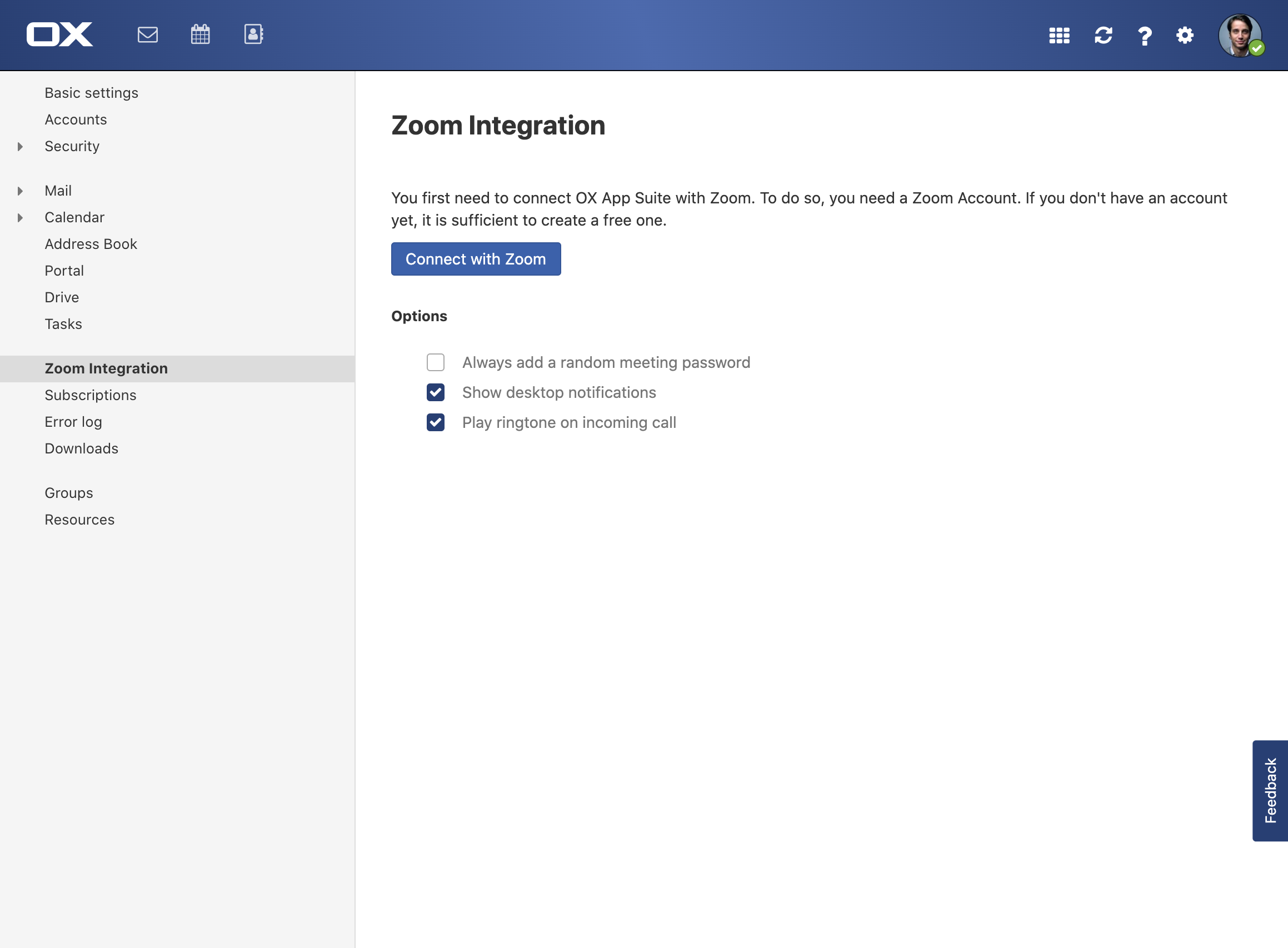 Zoom settings page