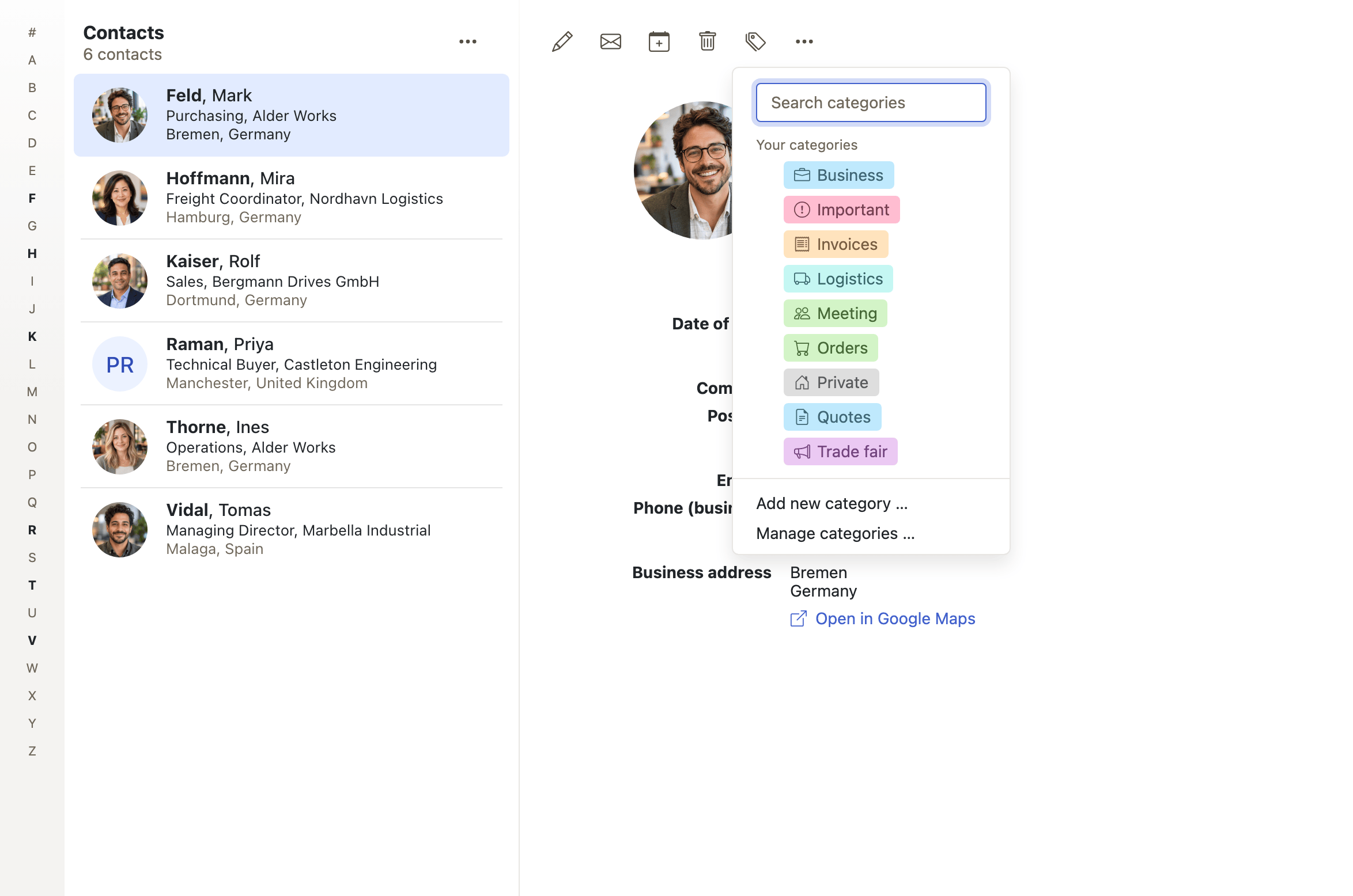 The category picker on the contact toolbar
