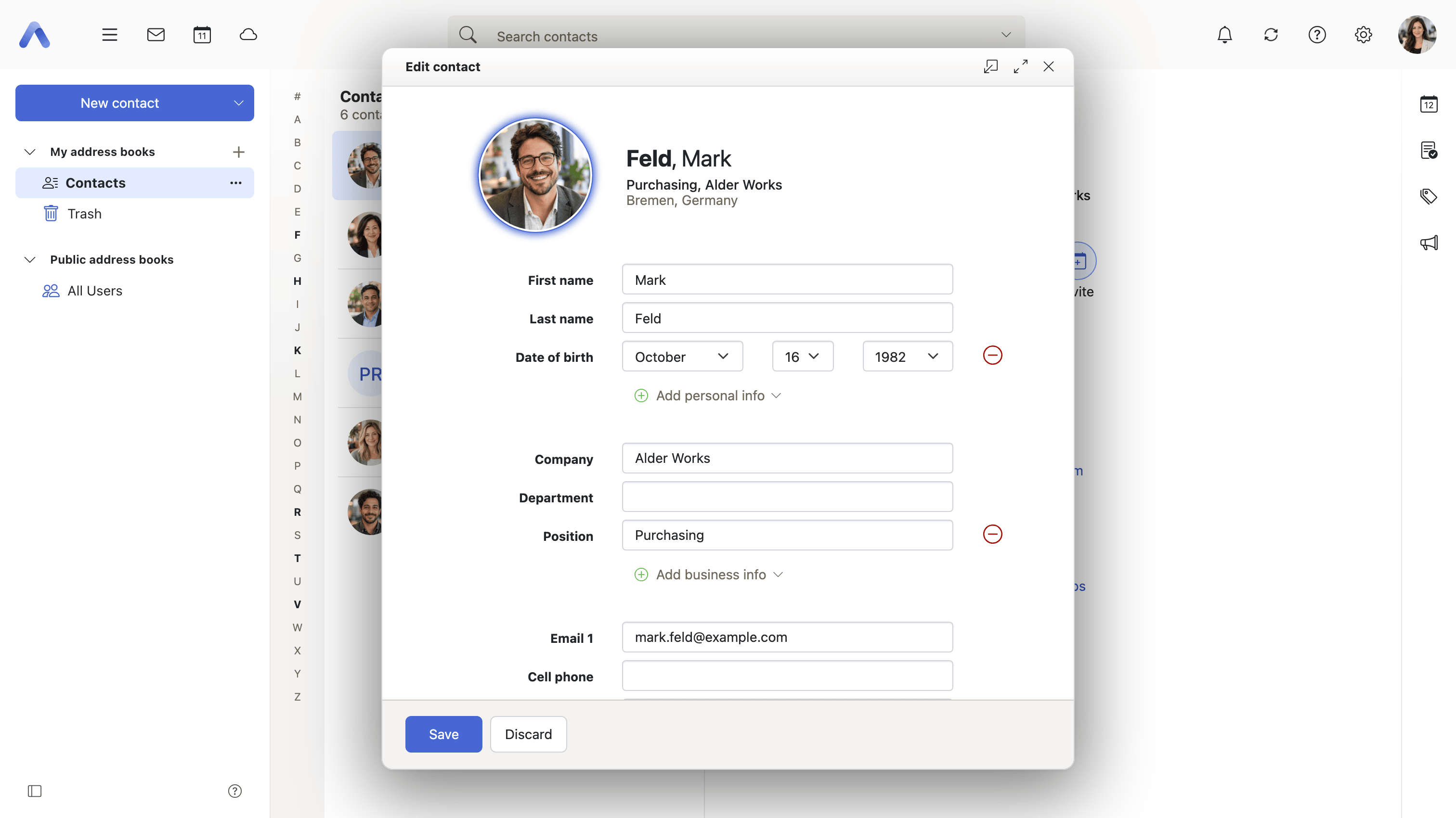 The contact editor, with fields added in groups