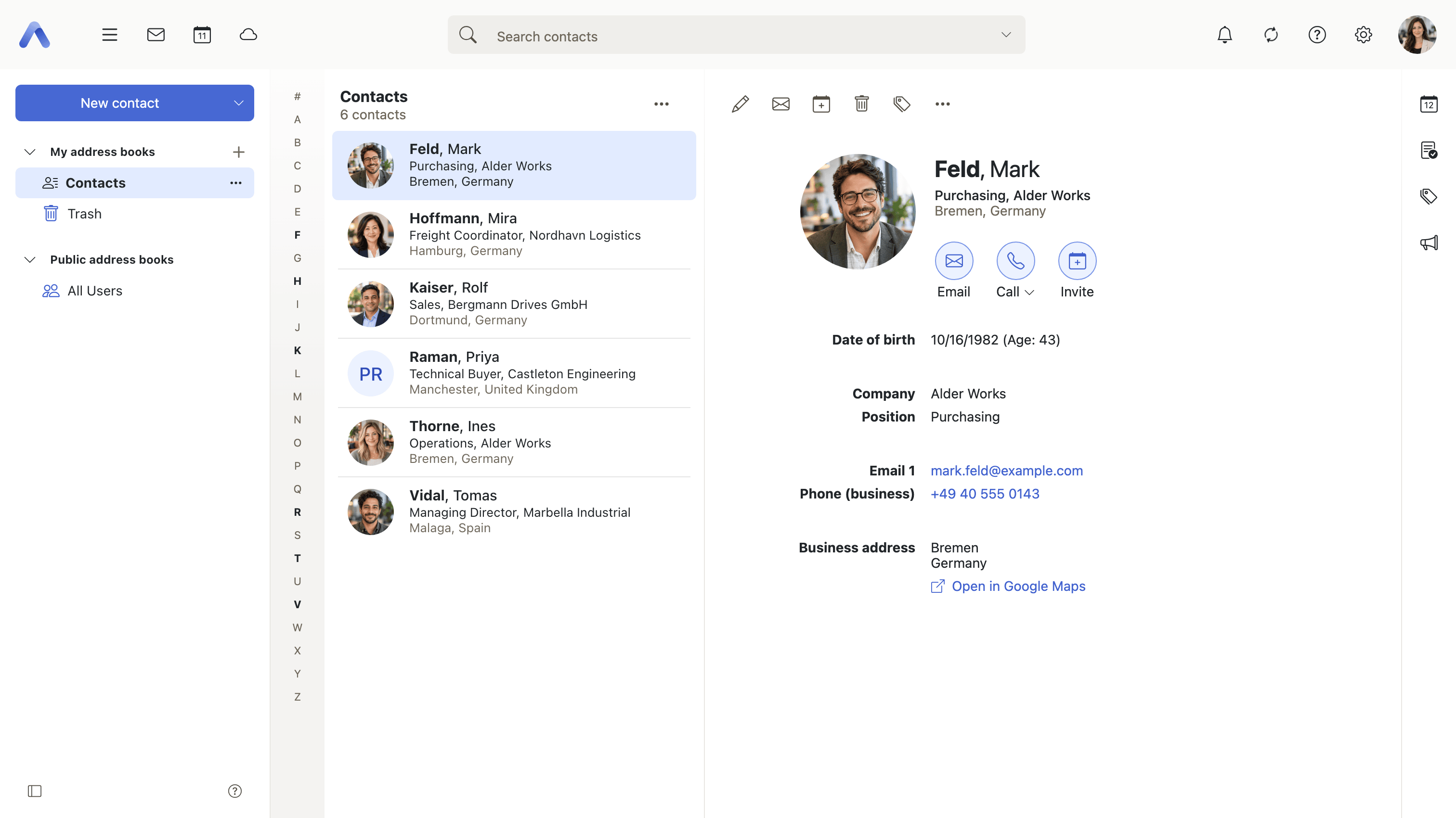 The contact list beside a contact’s details