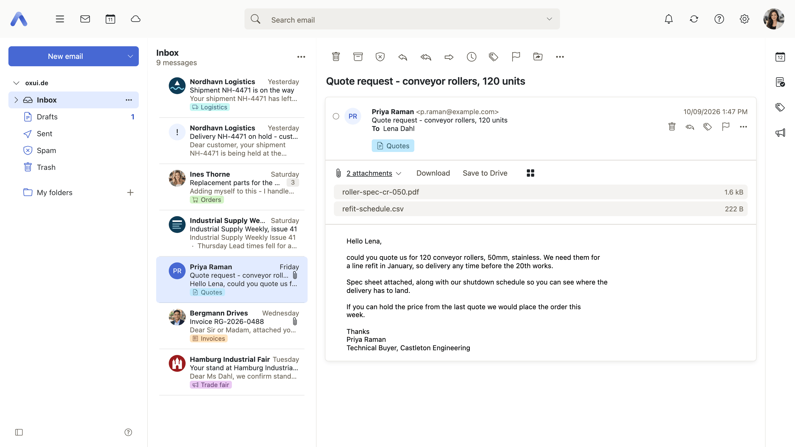 The attachment bar expanded, with Download and Save to Drive beside it