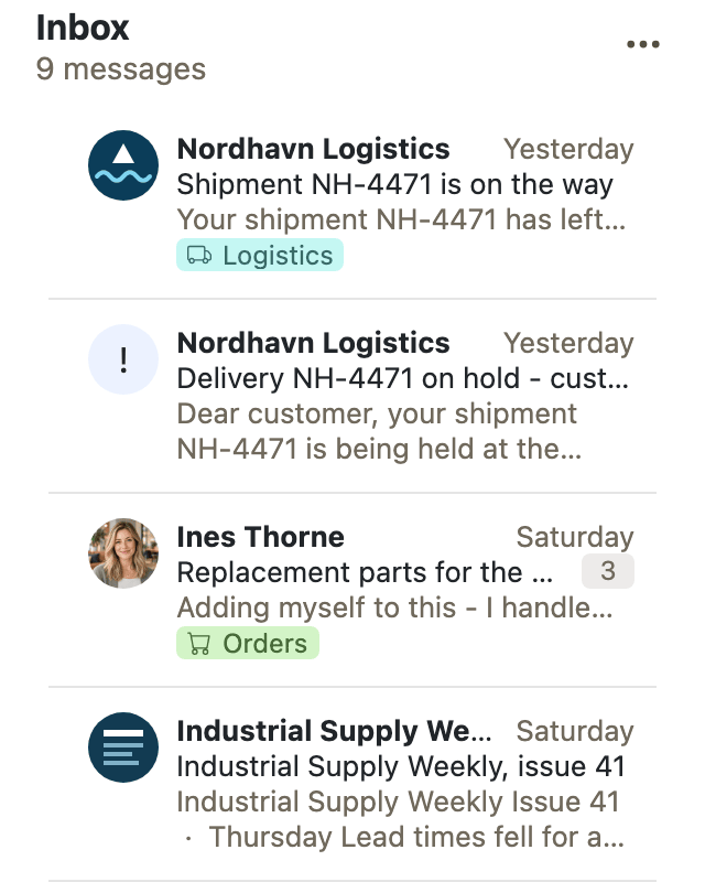 Two senders in the message list showing their brand logo, alongside a contact picture and a message that claims one of the same senders but carries an exclamation mark instead of its logo