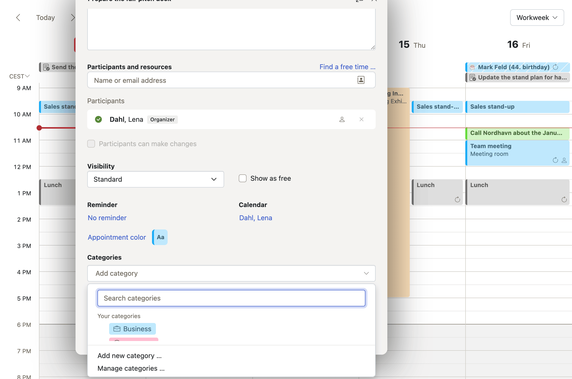 The appointment editor with the category picker open, searching the categories shared with the other apps