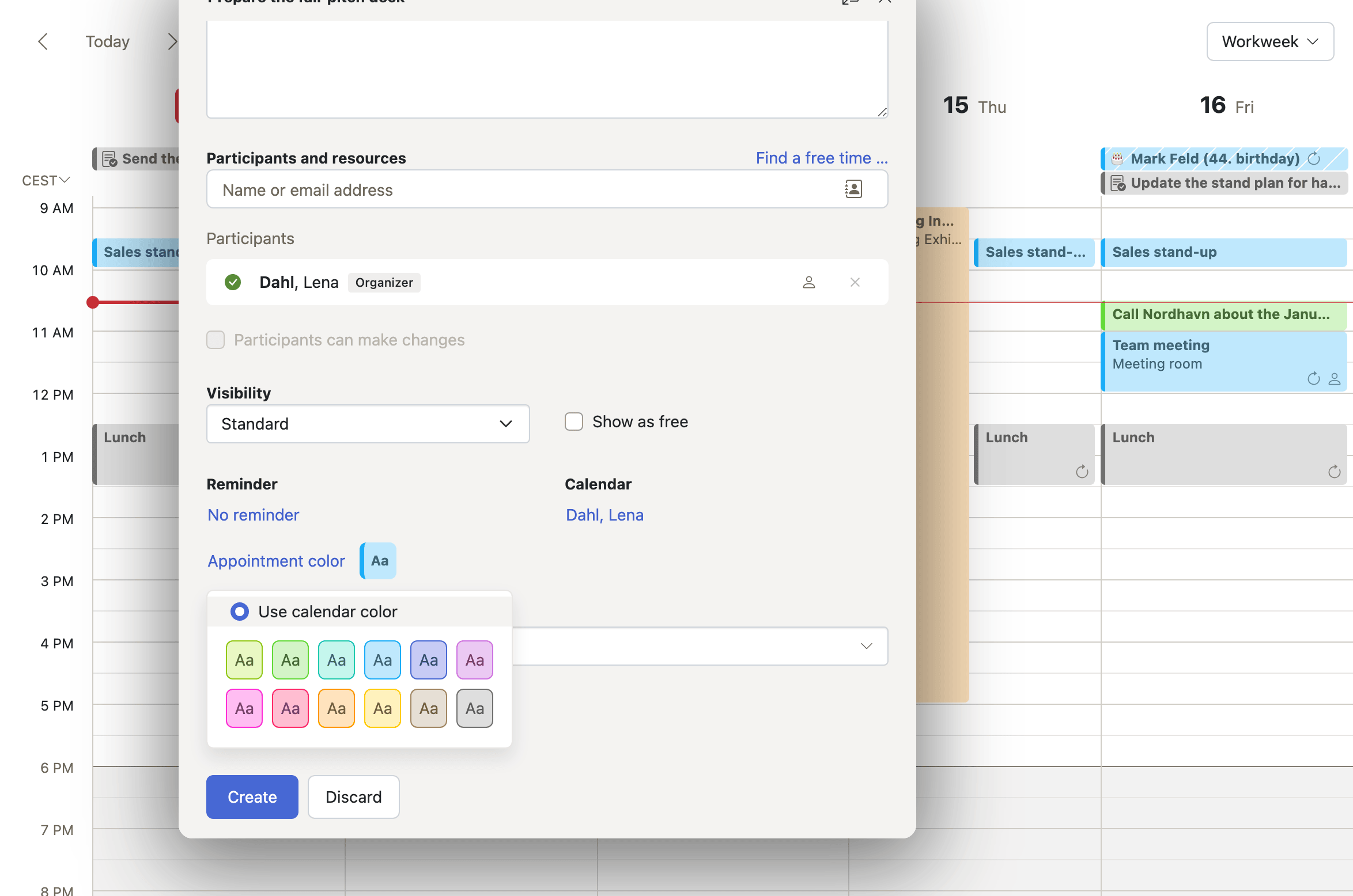 The appointment editor with the color menu open, showing the twelve colors and the option to use the calendar color