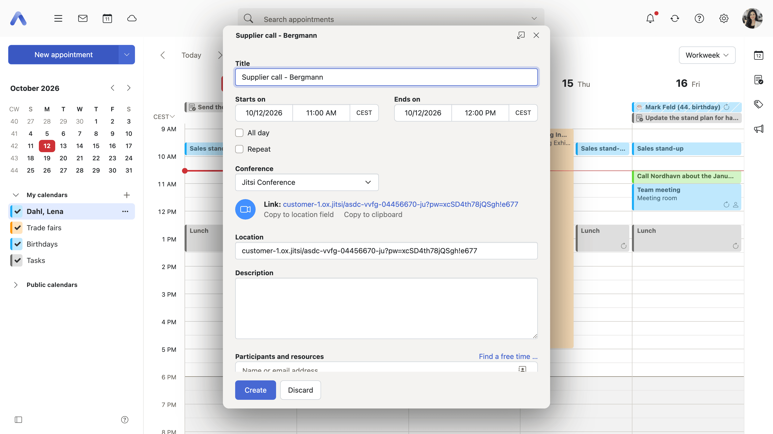 The Conference field in the editor, with a meeting created