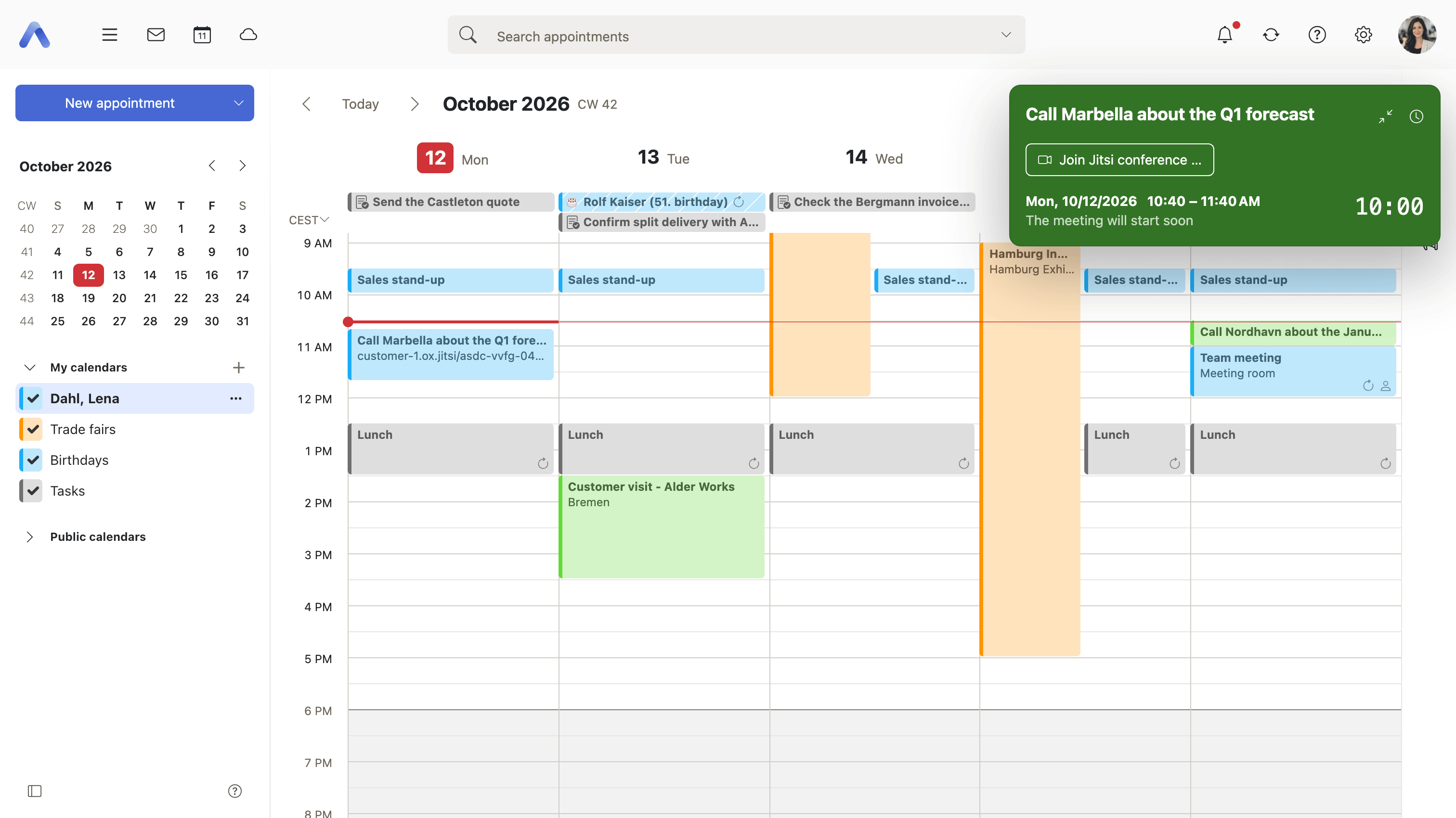 The countdown panel over the calendar, counting down to a meeting with a button to join its Jitsi conference