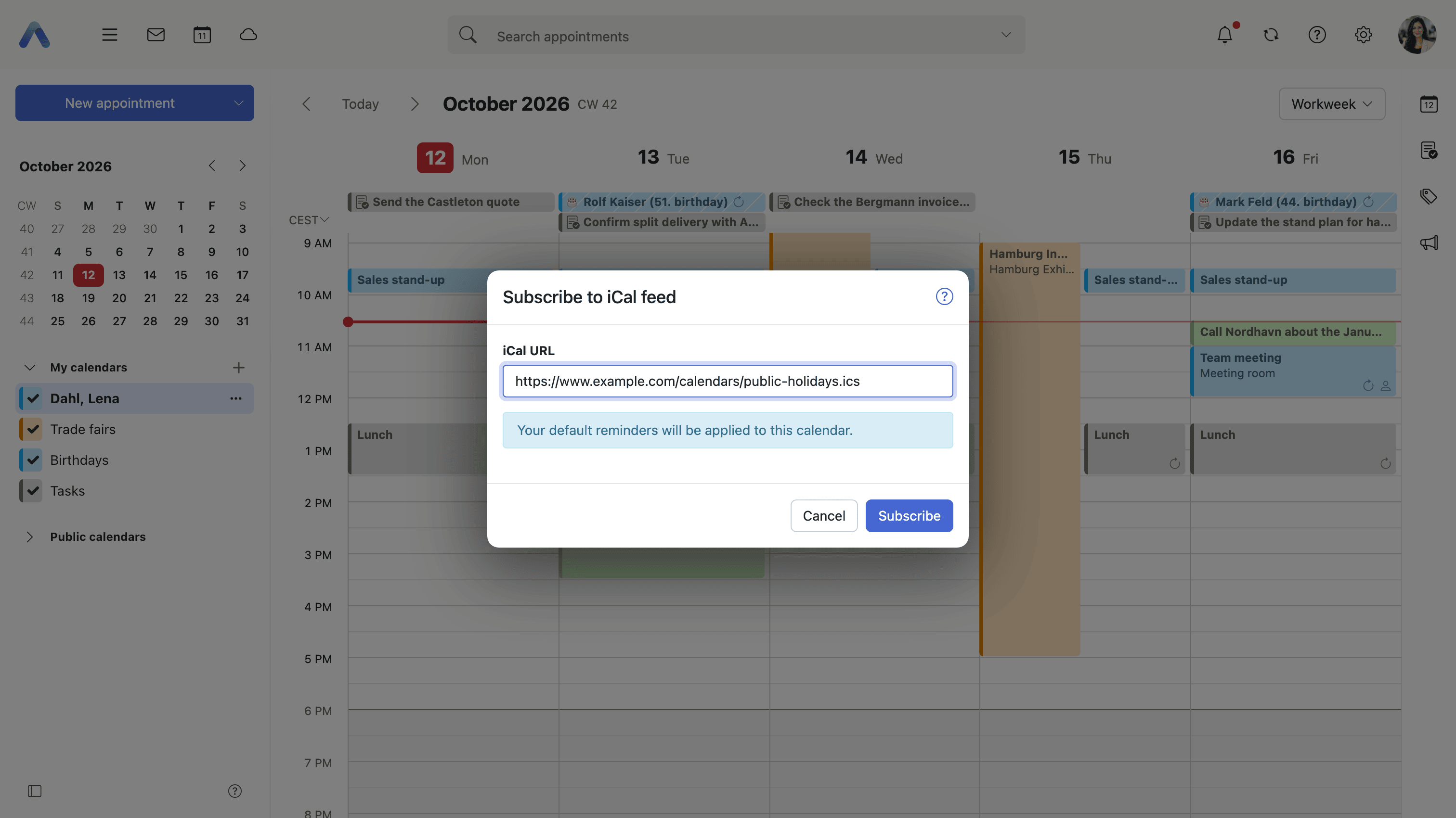 The Subscribe to iCal feed dialog with a feed URL filled in