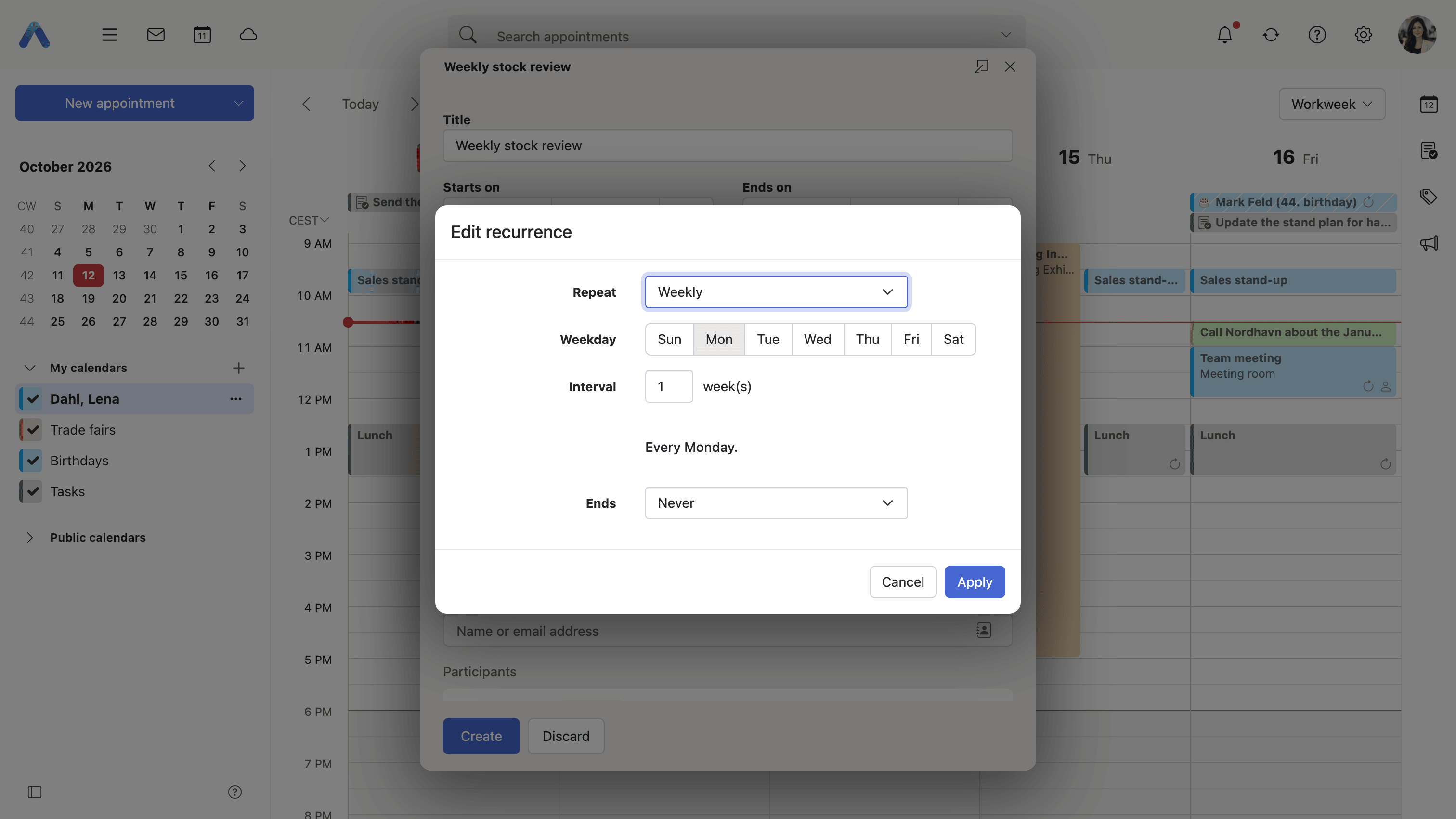The recurrence rule, built over the appointment editor