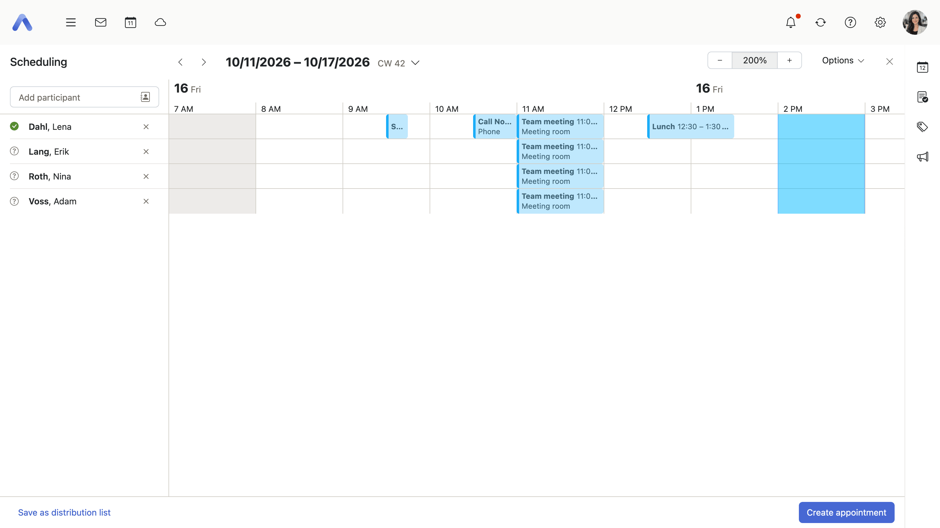 Four people on one shared timeline, all four taken by the same meeting at eleven, with a free hour in the afternoon selected across all of them