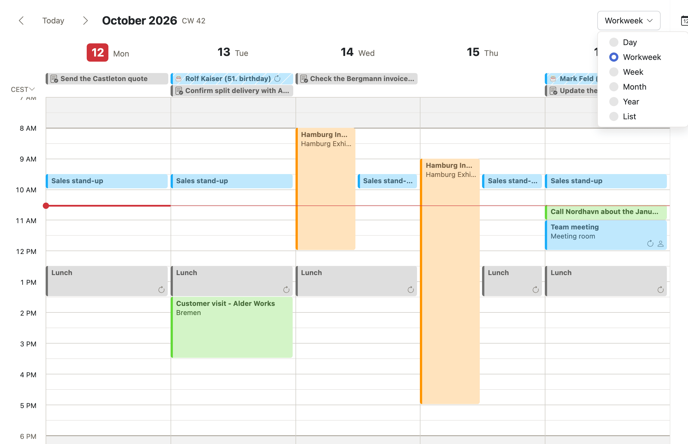 The view switcher, above the week grid it redraws