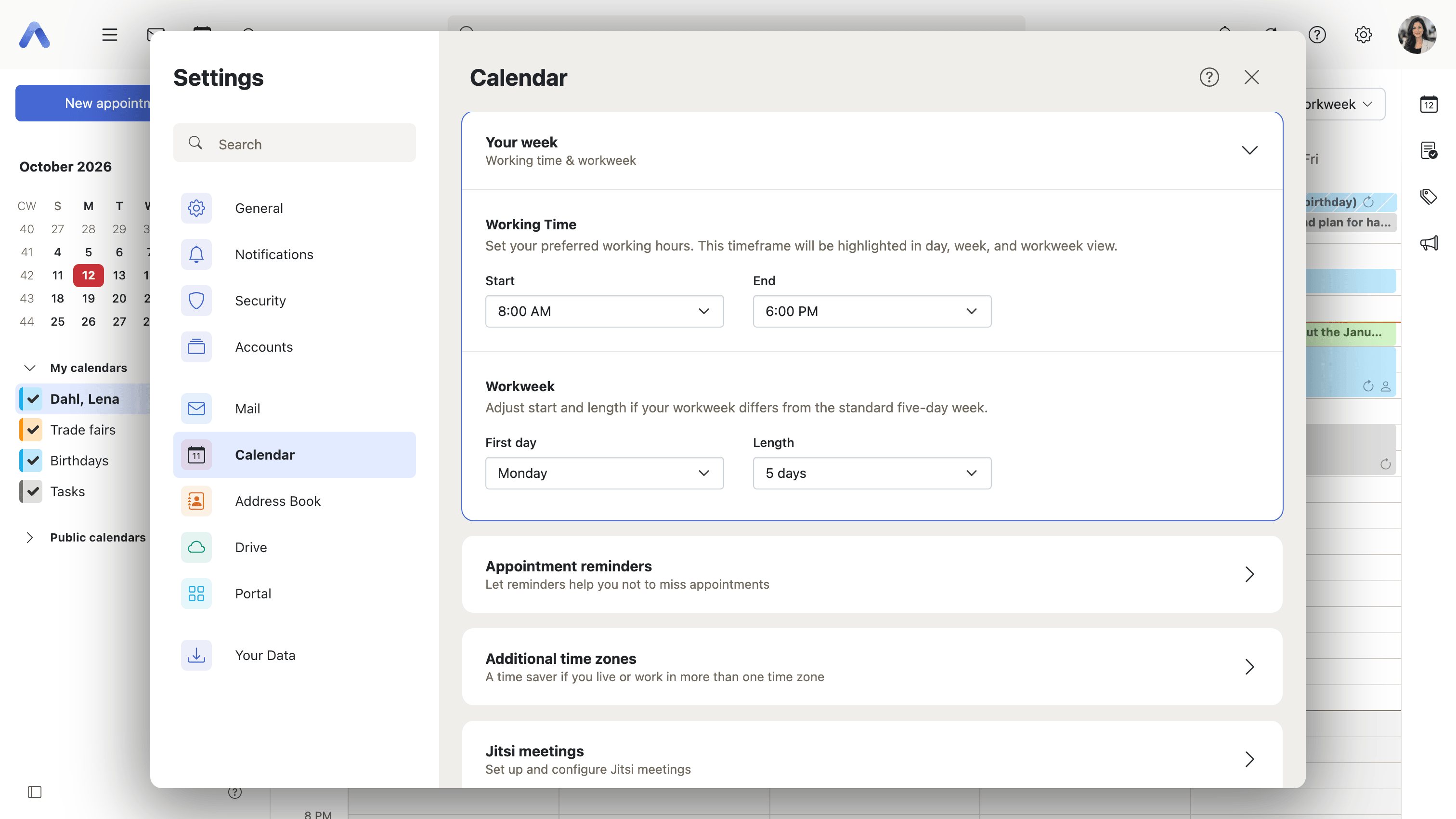 The Your week section of the calendar settings, with working hours and the length of the workweek