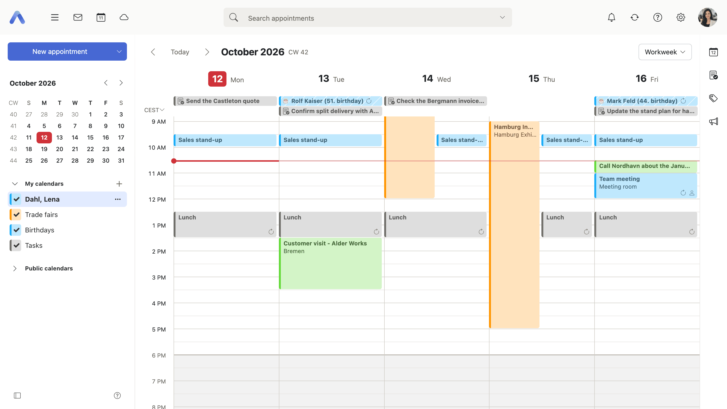 The workweek view, with several calendars and tasks shown alongside appointments