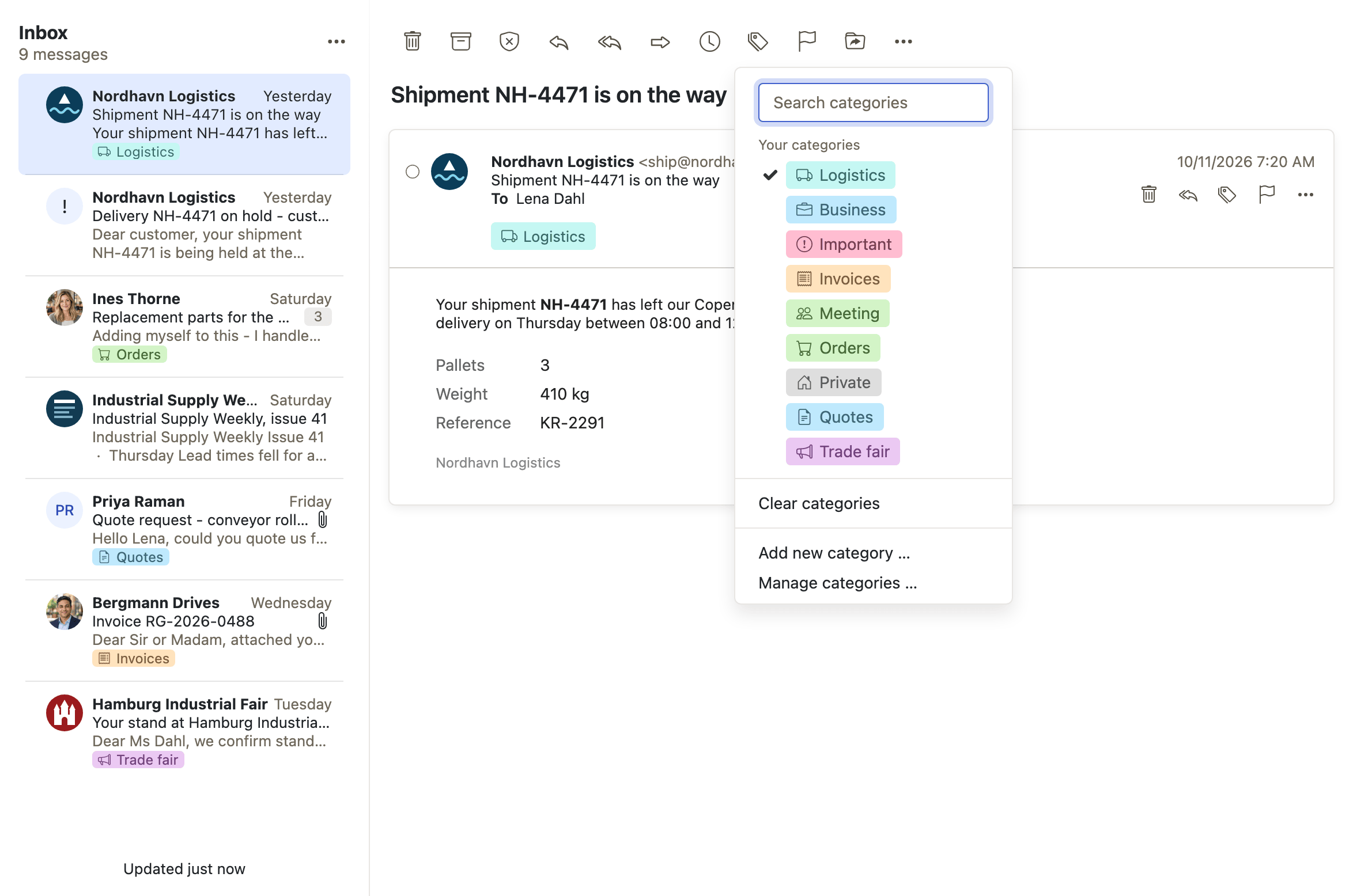 The category picker, with her own categories beside the predefined ones