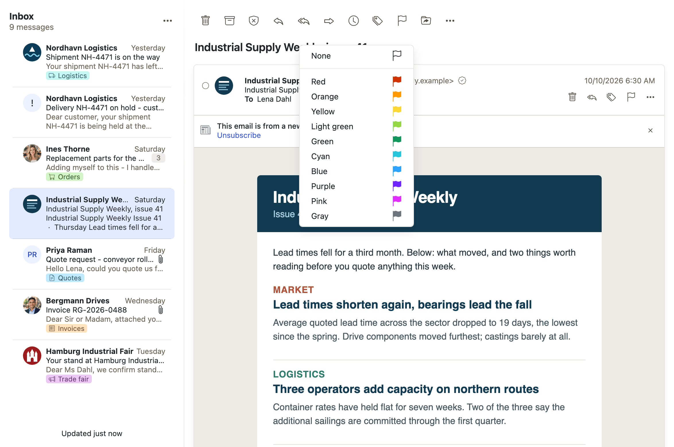 The color flag menu, opened from the mail toolbar