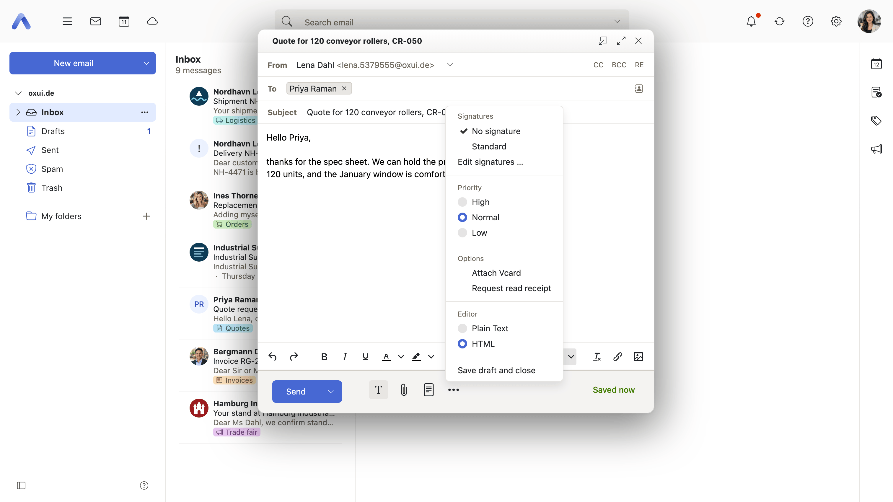 The compose options menu: priority, read receipt, editor mode