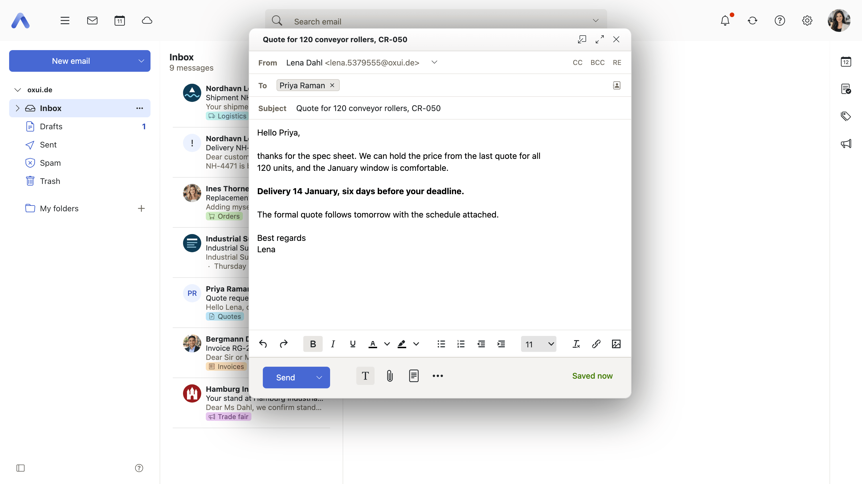 The compose window, with the formatting toolbar and the saved draft