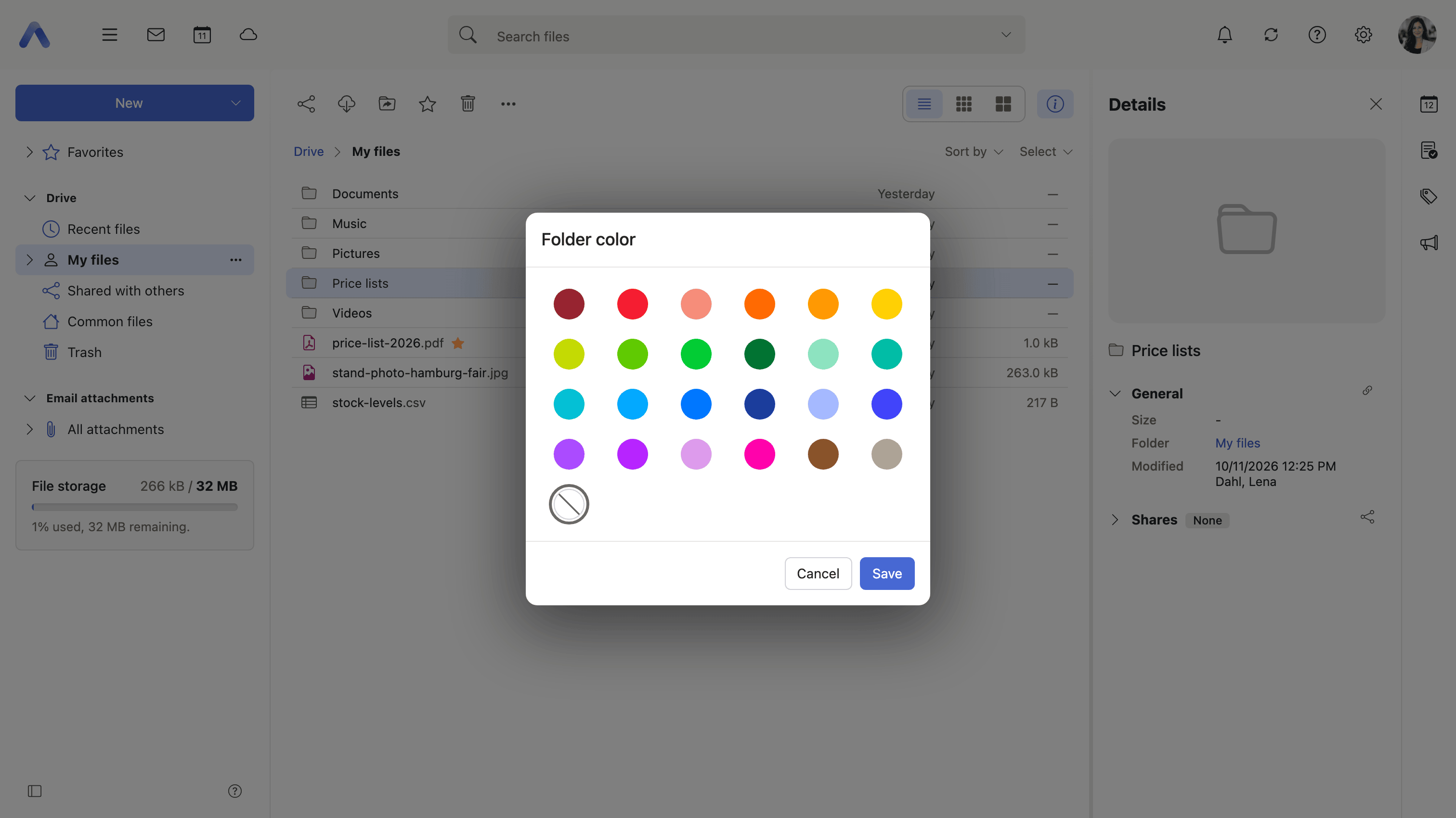 The folder color picker, opened from the folder's context menu