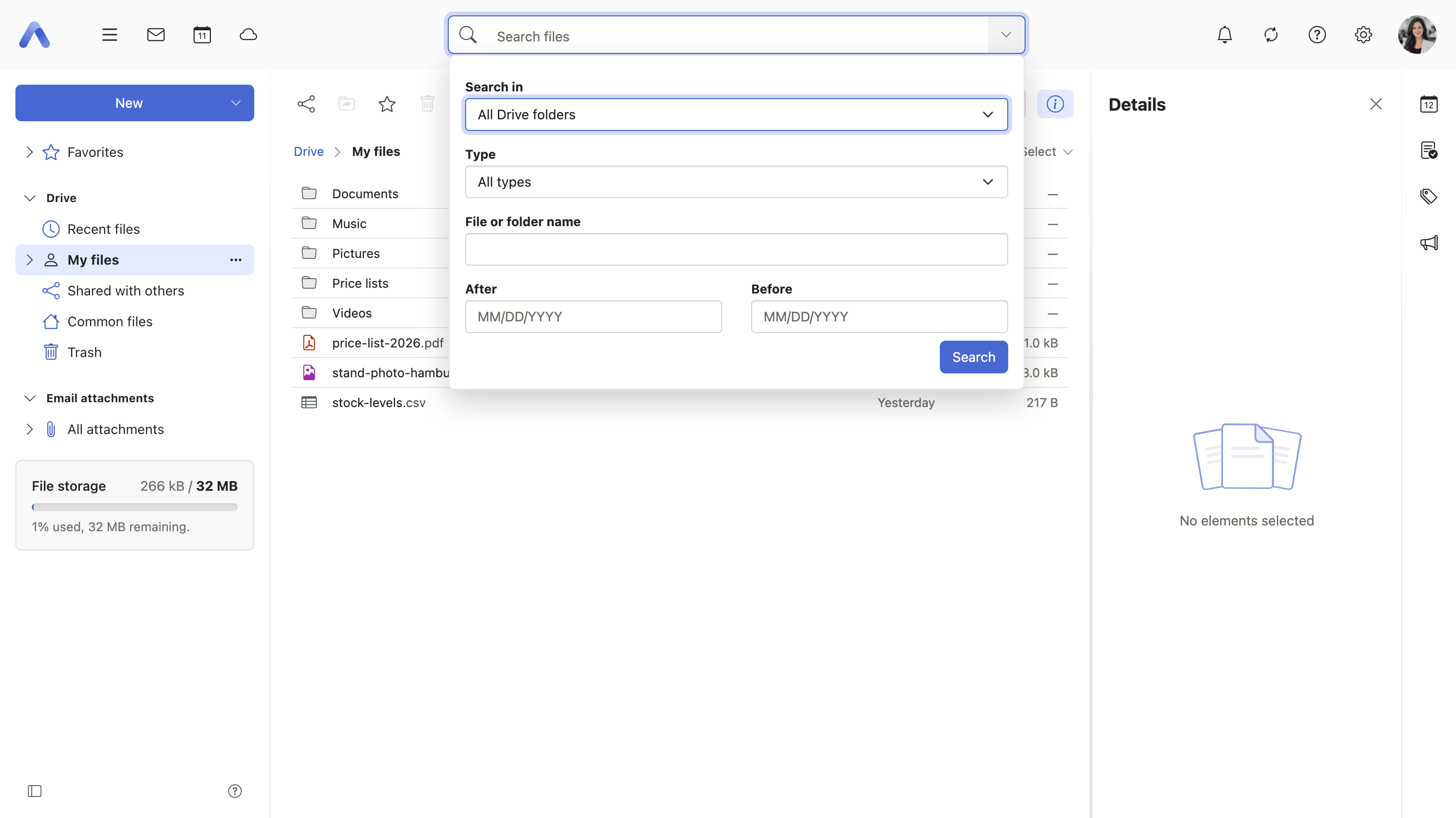 The search field expanded into scope, type, name and date fields