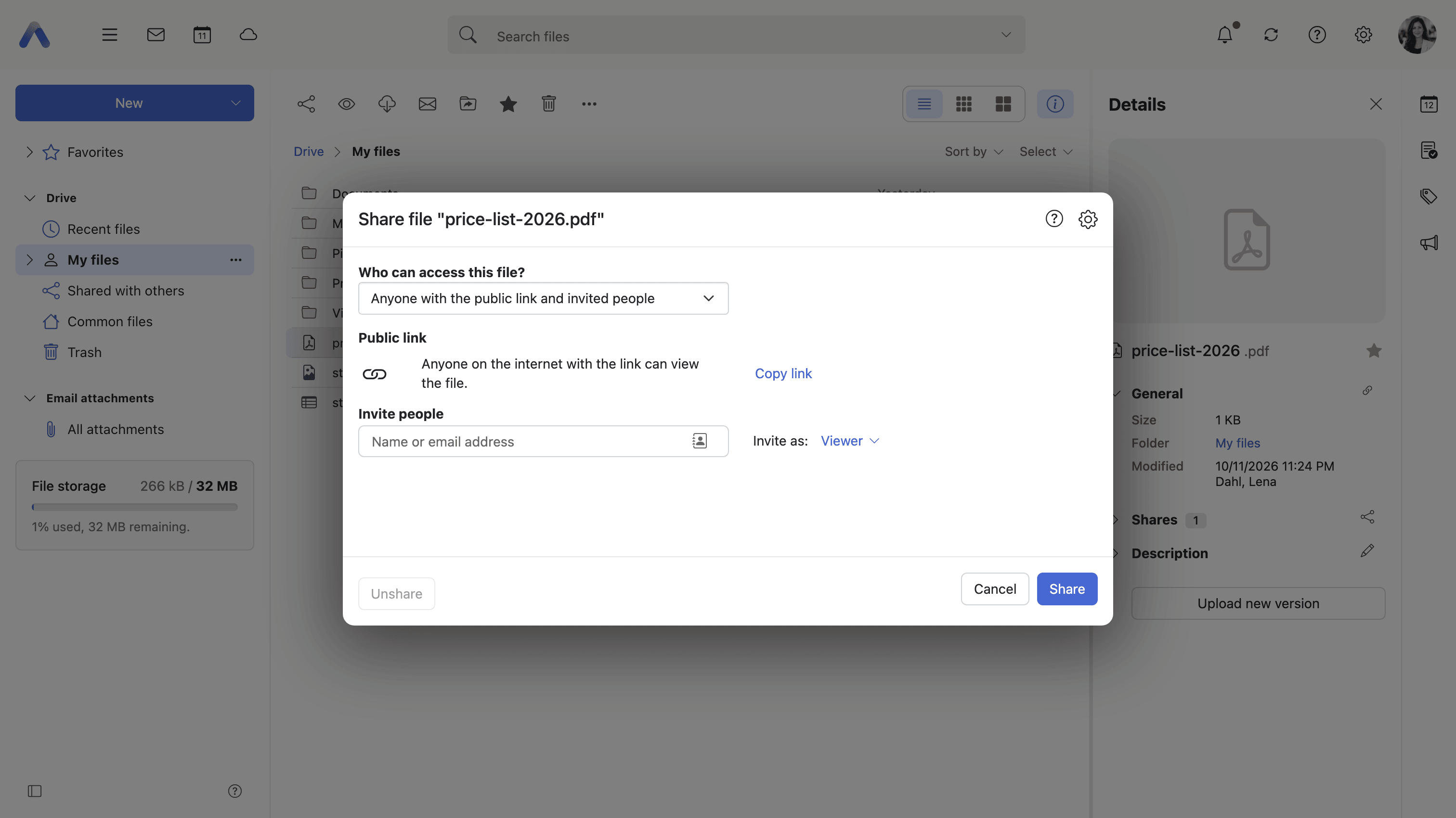 The share dialog with Who can access set to the public link, showing the link row and Copy link