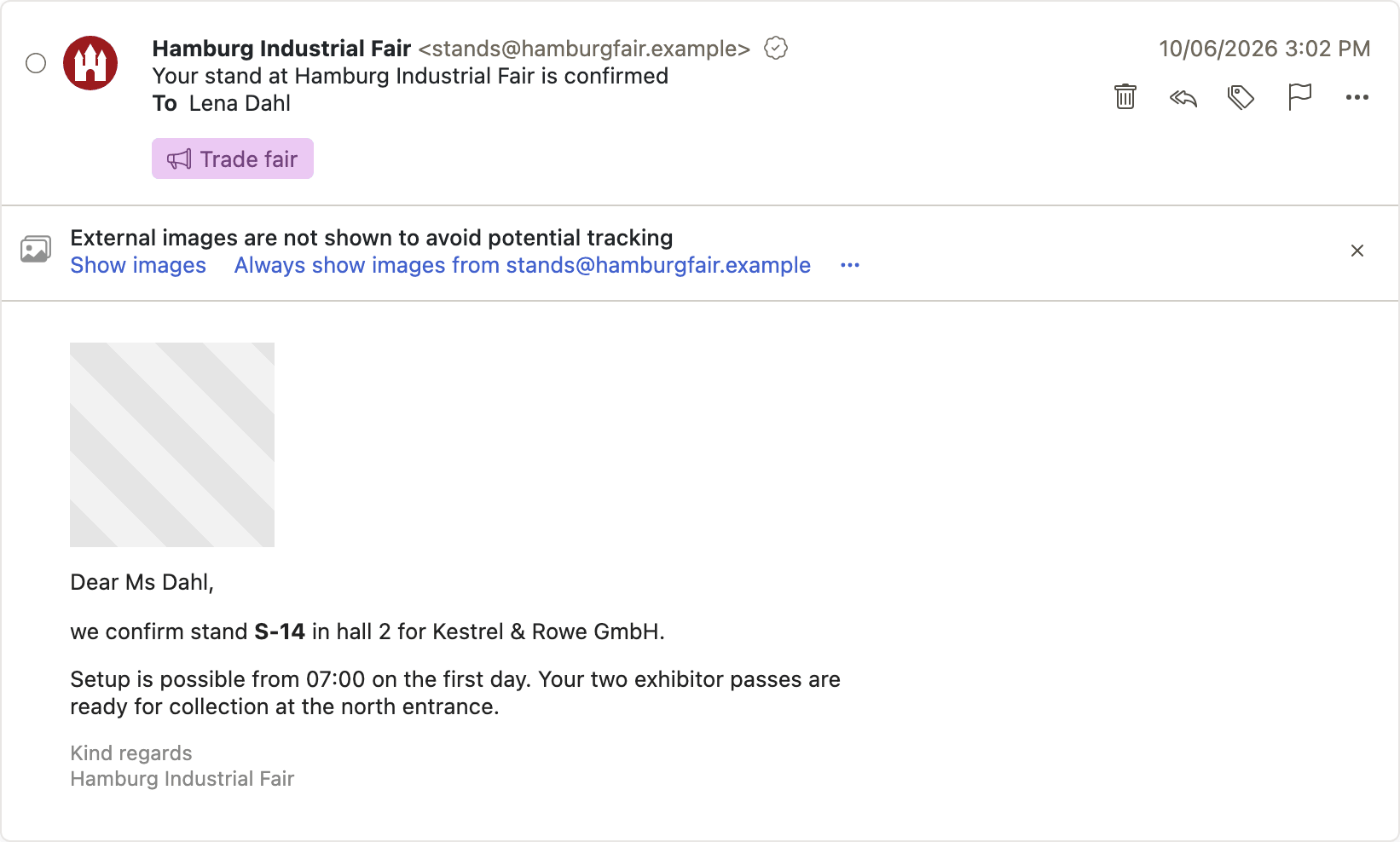 A message whose external images have not been loaded, with a notice above the body offering Show images and Always show images from this sender