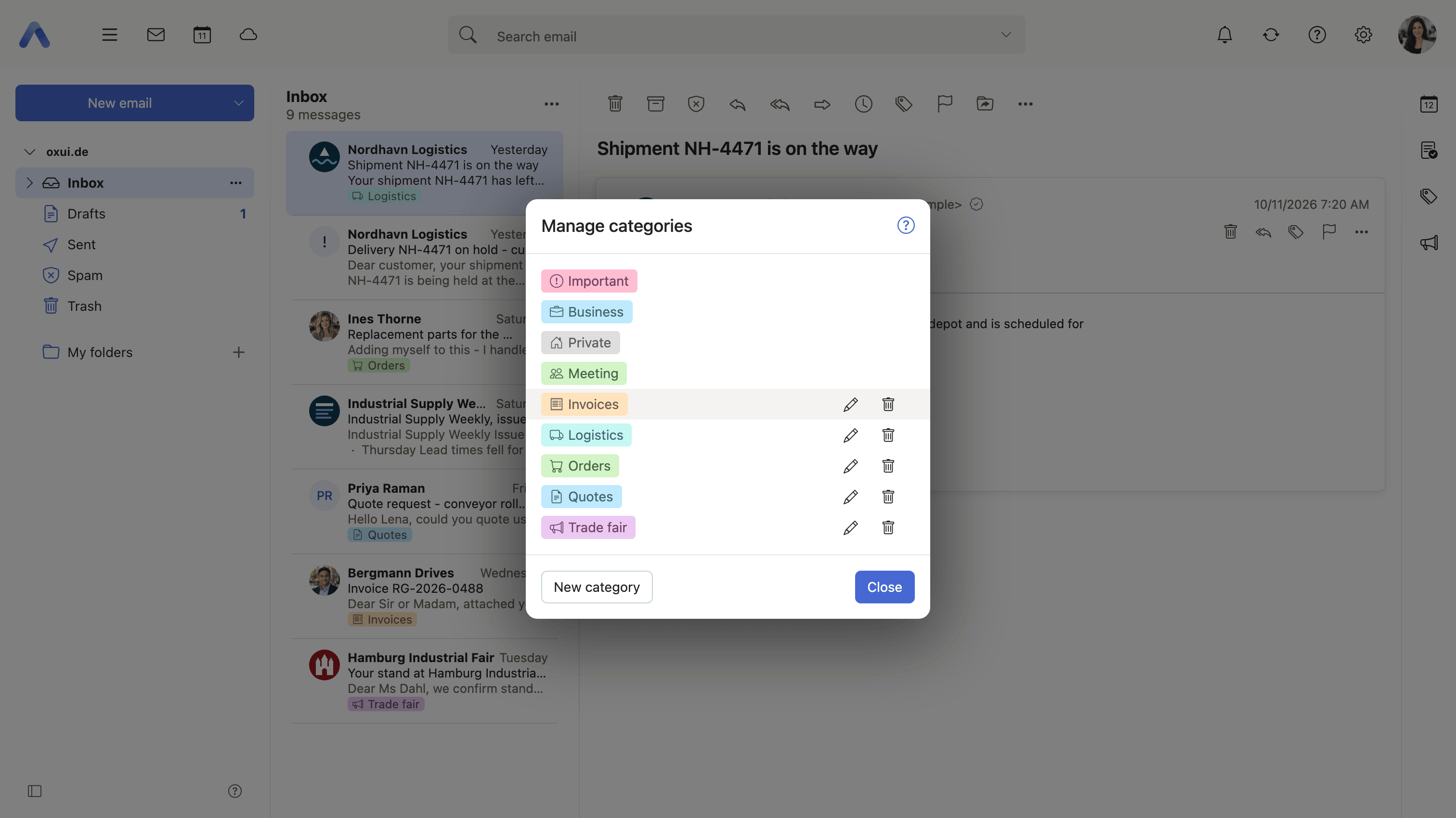 The Manage categories dialog, listing the four the product predefines and the user's own alongside them