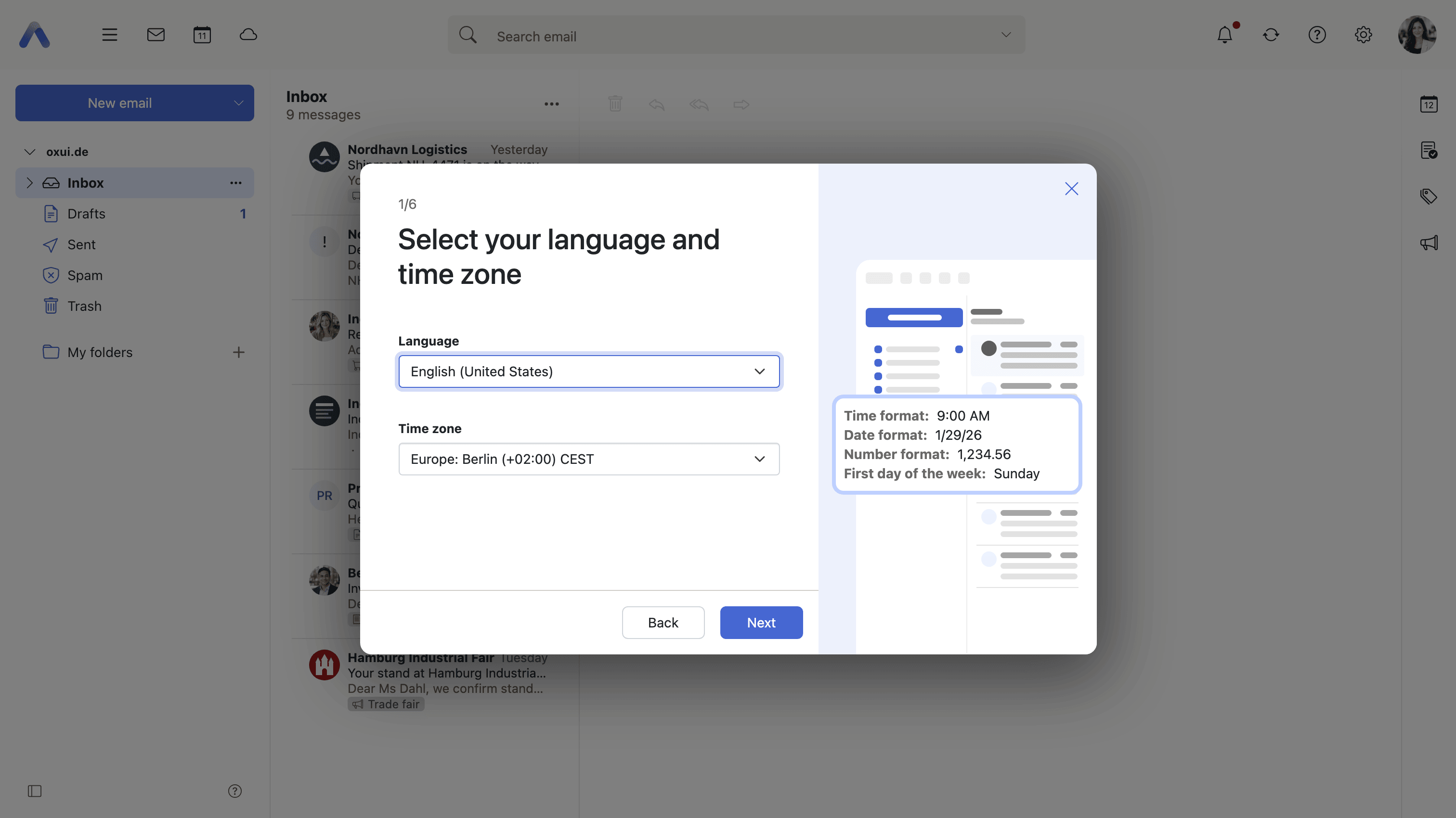 The wizard asking for language and time zone