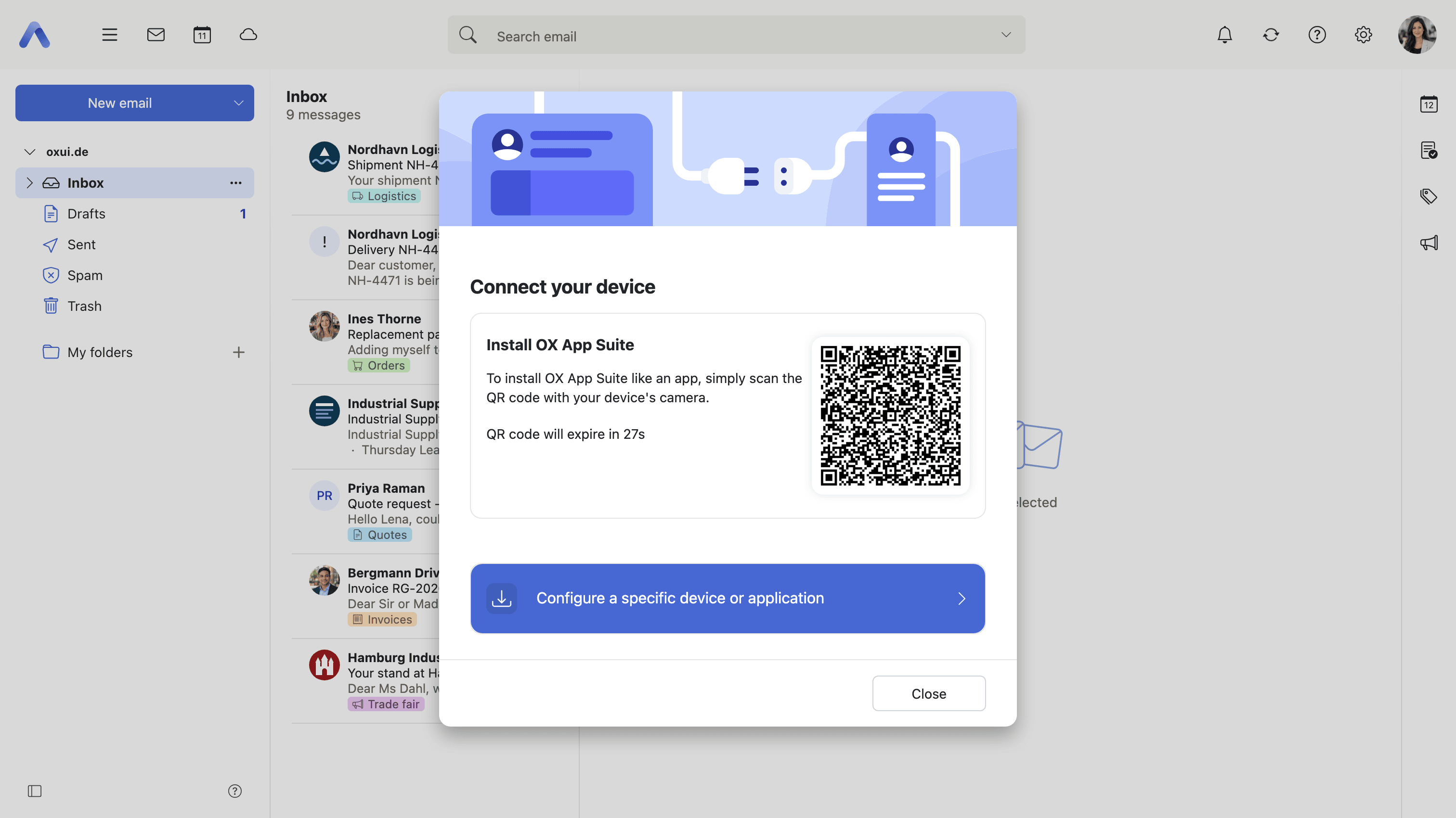 The Connect your device wizard showing a QR code, with the seconds left before it expires
