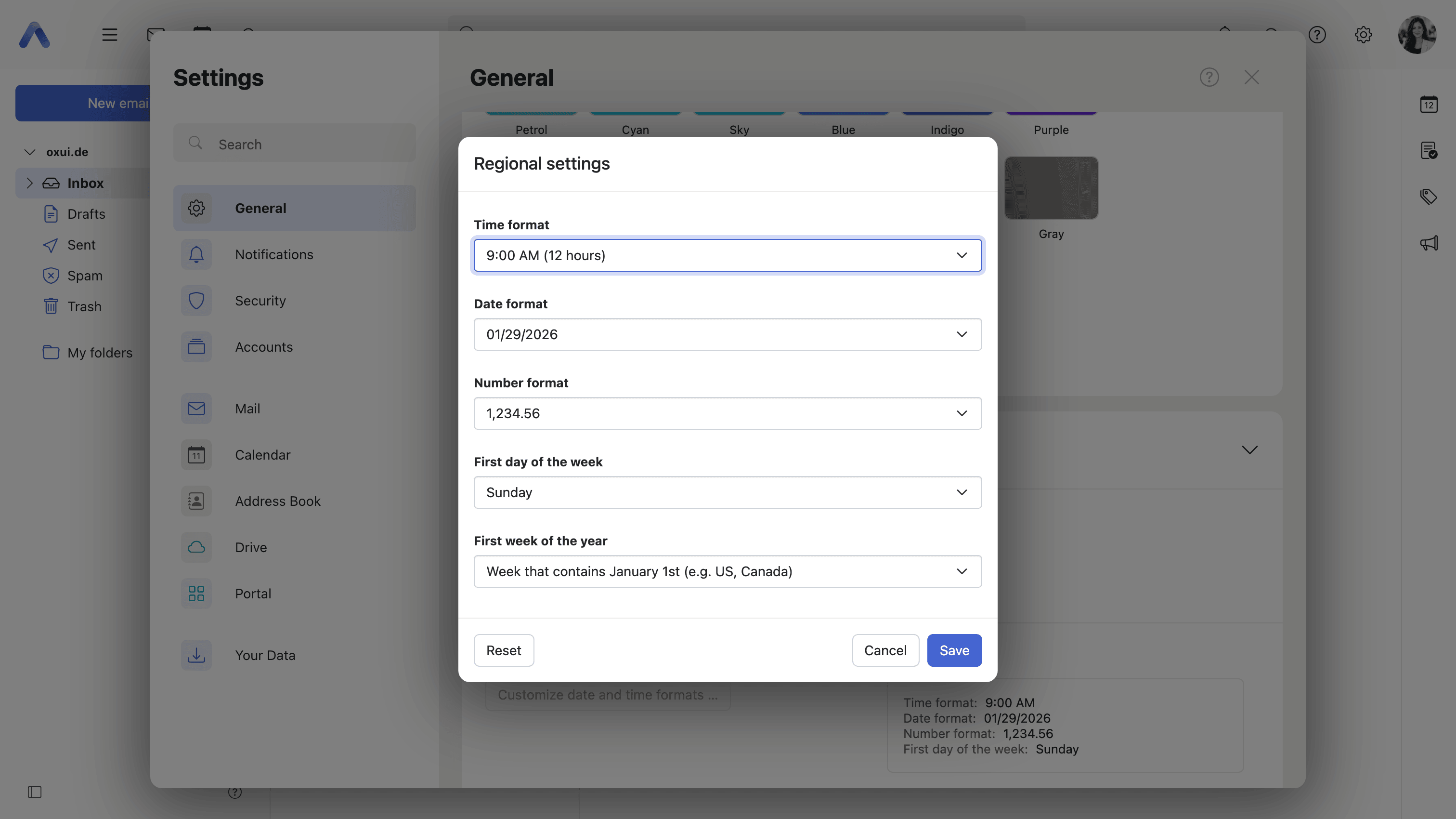 The regional settings dialog, over the General page