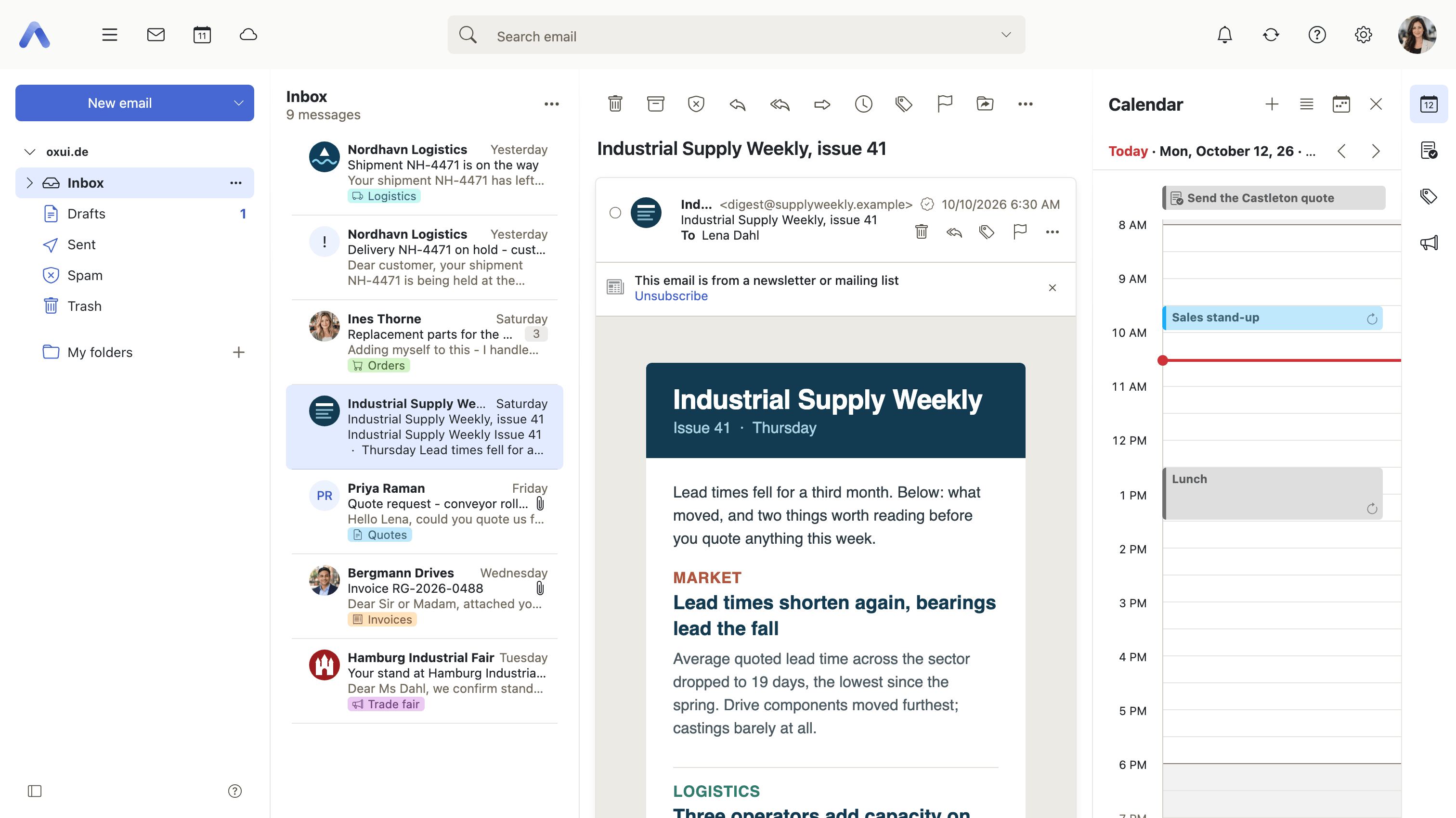 The calendar panel open beside the inbox