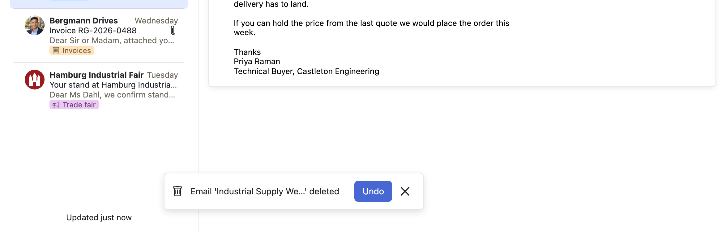 A message just deleted, with a bar at the foot of the screen naming it and offering Undo