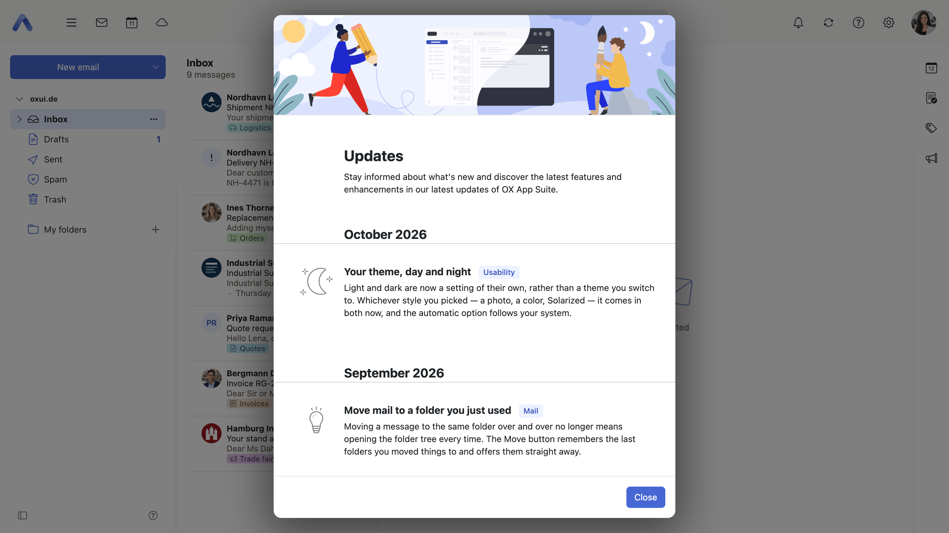 The Updates list, opened from the help menu
