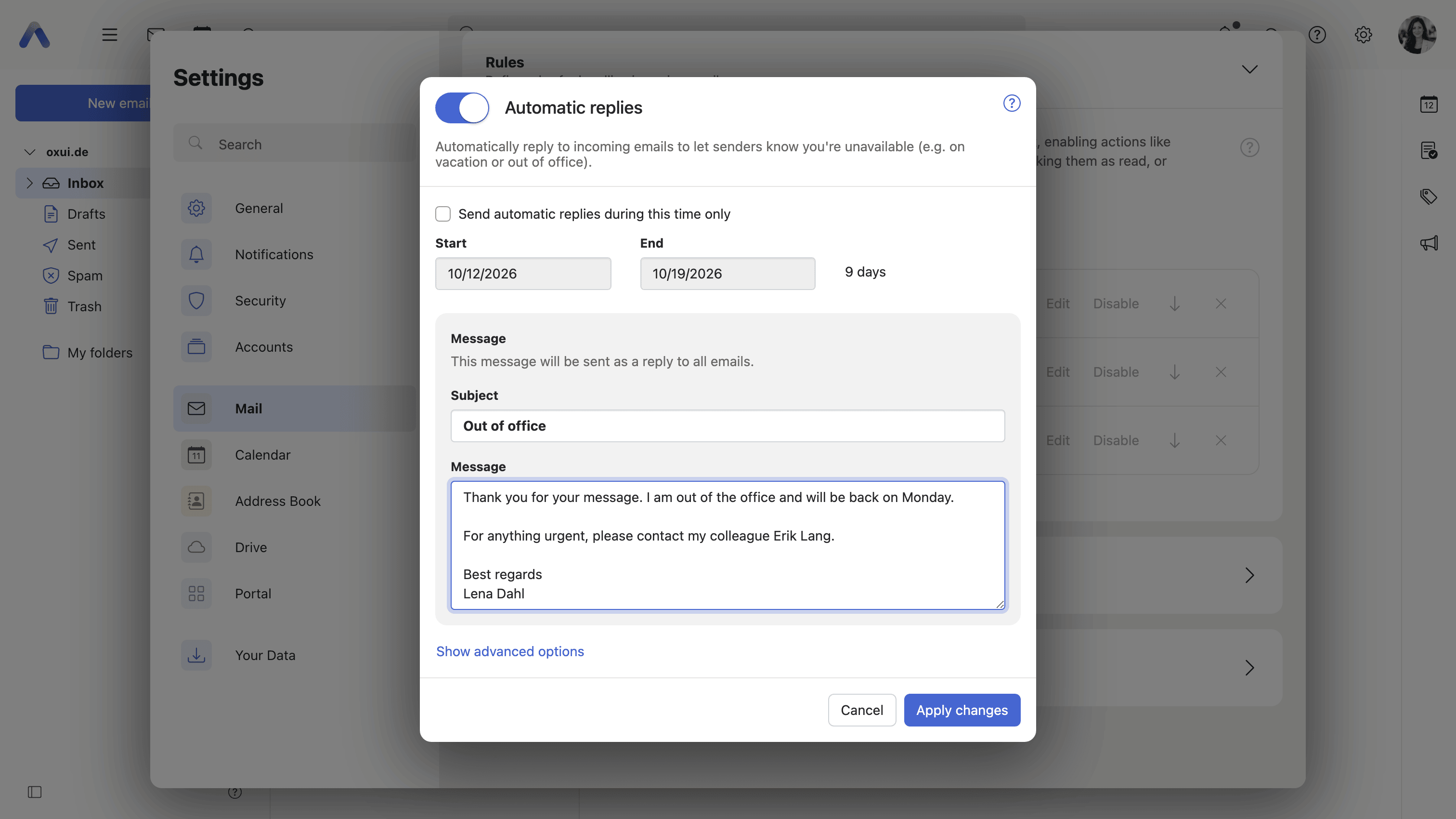 The Automatic replies dialog, switched on, with an out-of-office subject and message text
