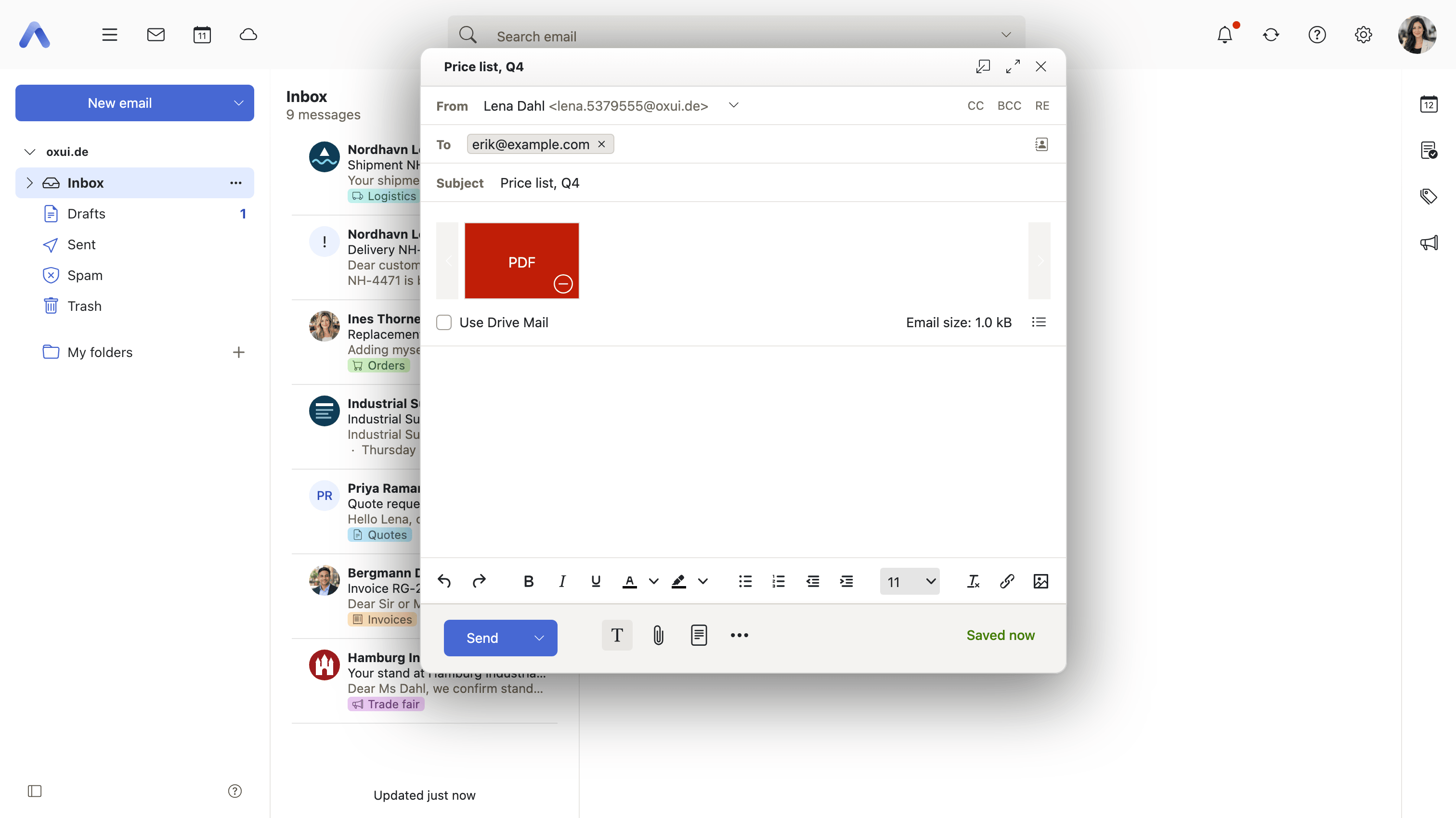 A message with a file attached and Use Drive Mail turned on, so the file travels as a link