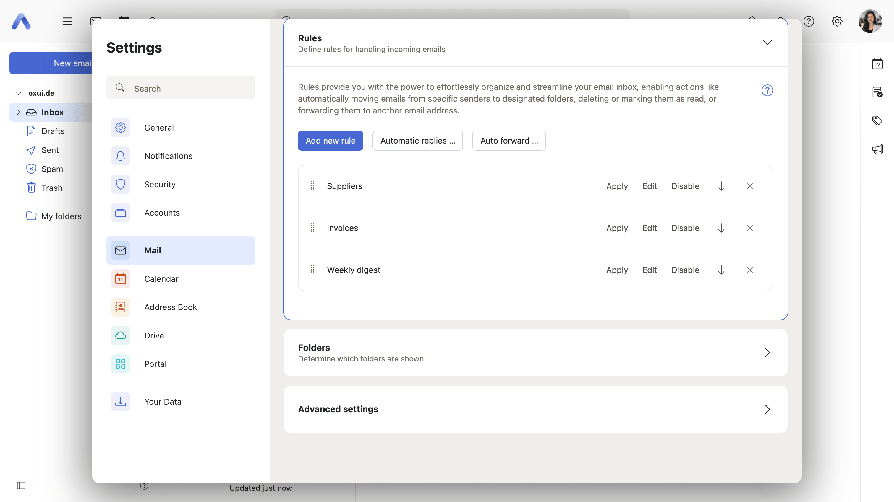 The Rules section of the mail settings, listing three rules that sort, flag and file incoming mail