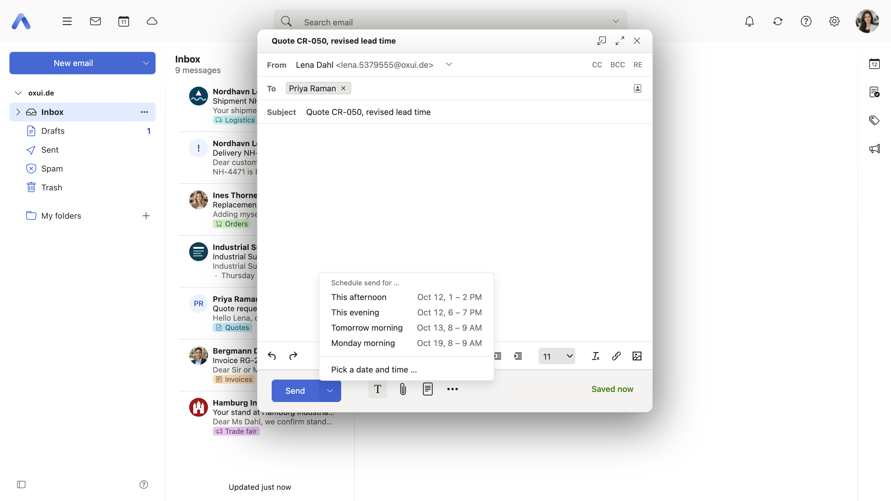 The Send button split in two, its second half offering times to send at: this afternoon, this evening, tomorrow morning, or a date picked by hand