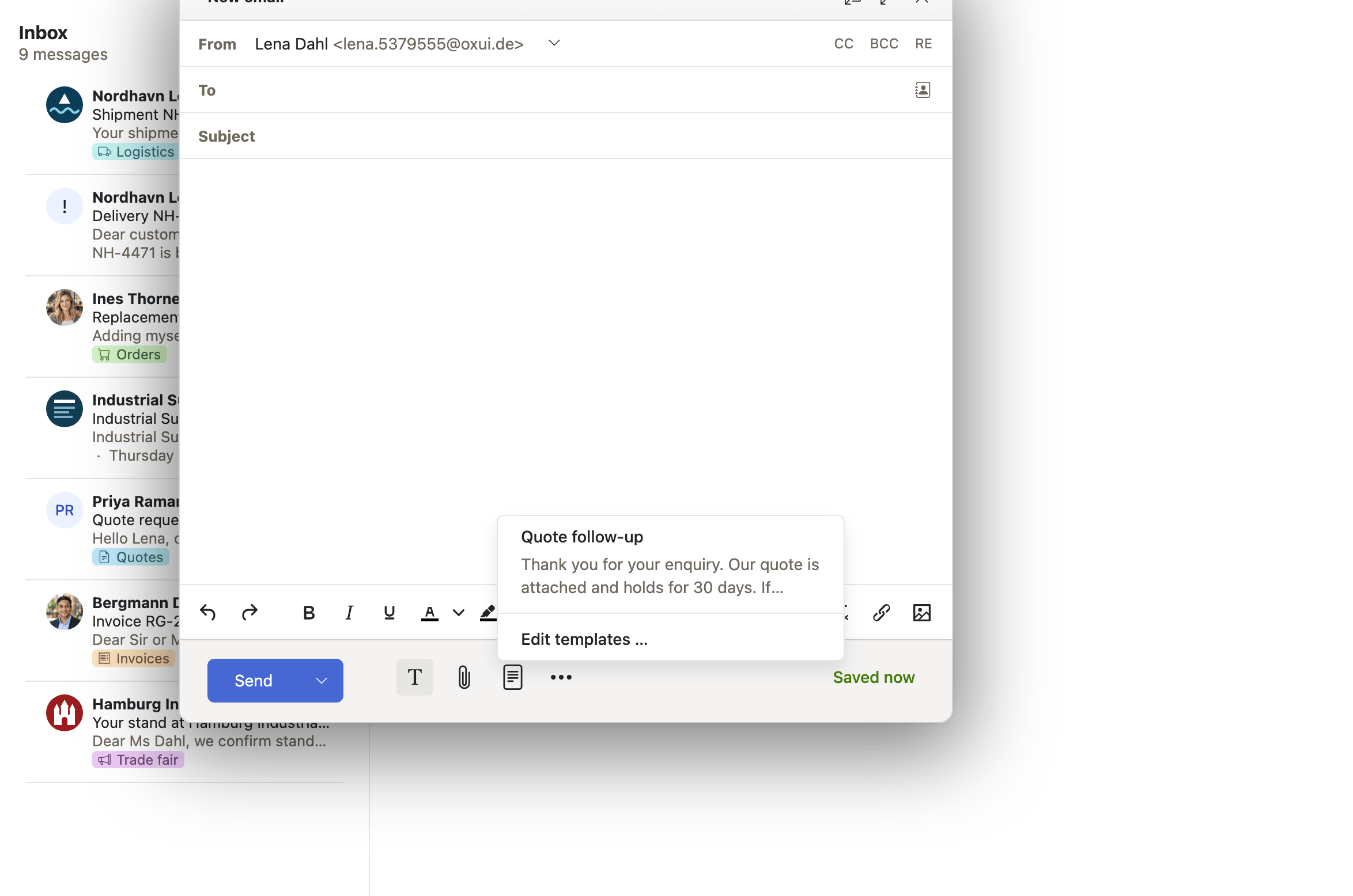 The template picker in the compose window, listing a saved template ready to insert