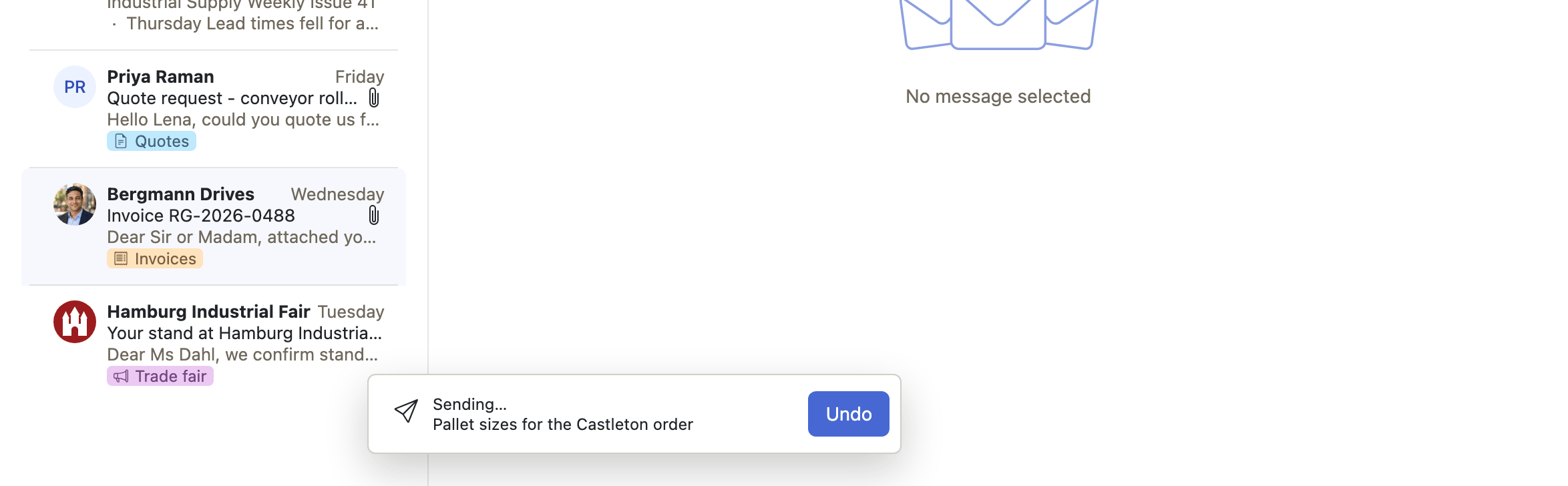 A message on its way out, with a bar at the foot of the screen naming it and offering Undo