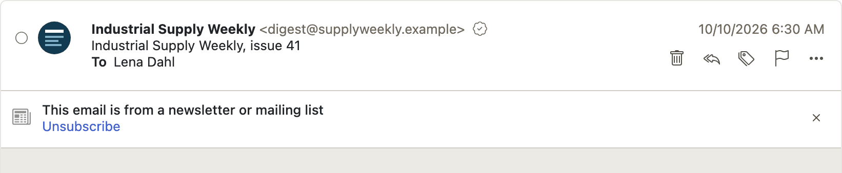 A newsletter with a banner above its body saying it comes from a mailing list, and an Unsubscribe link