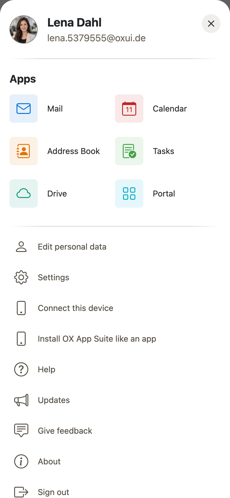 The mobile menu, listing all six apps above entries for settings, device connection, installing the app, help and sign out