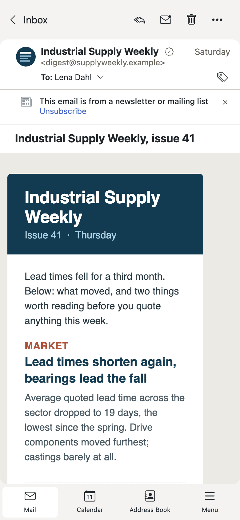 A newsletter open on a phone, filling the screen with a back button to the list