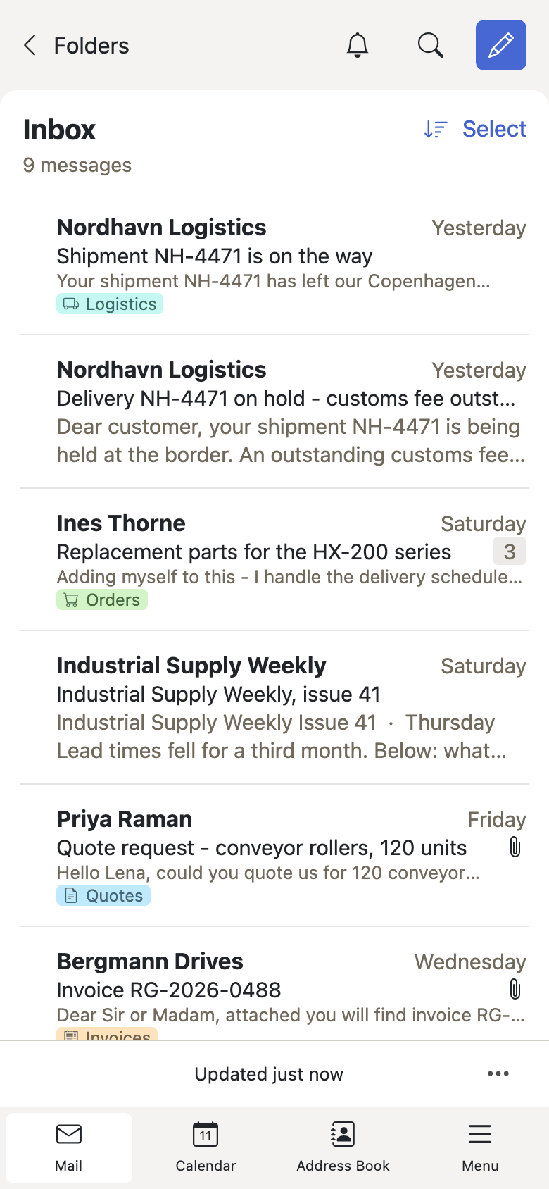 The mobile mail list, with the bottom app bar and a compose button