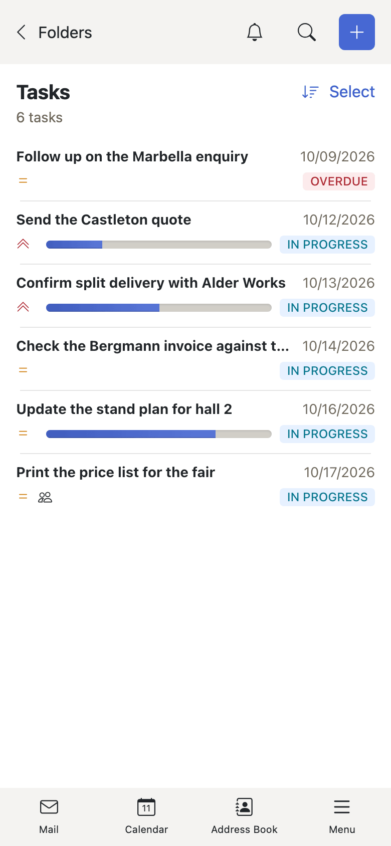 The task list on a phone, each task with its due date and status