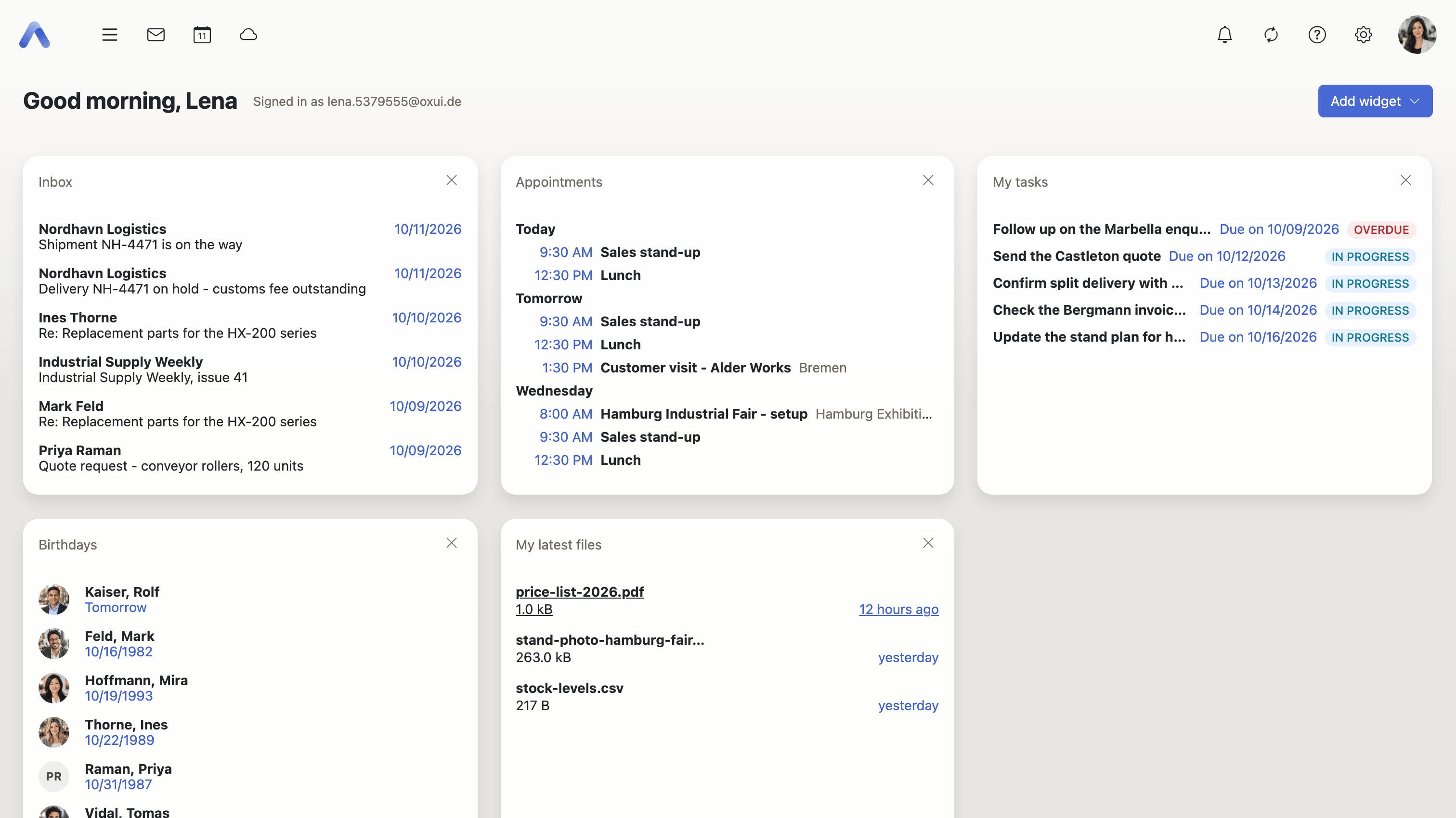 The dashboard, with tiles for mail, appointments, tasks and birthdays