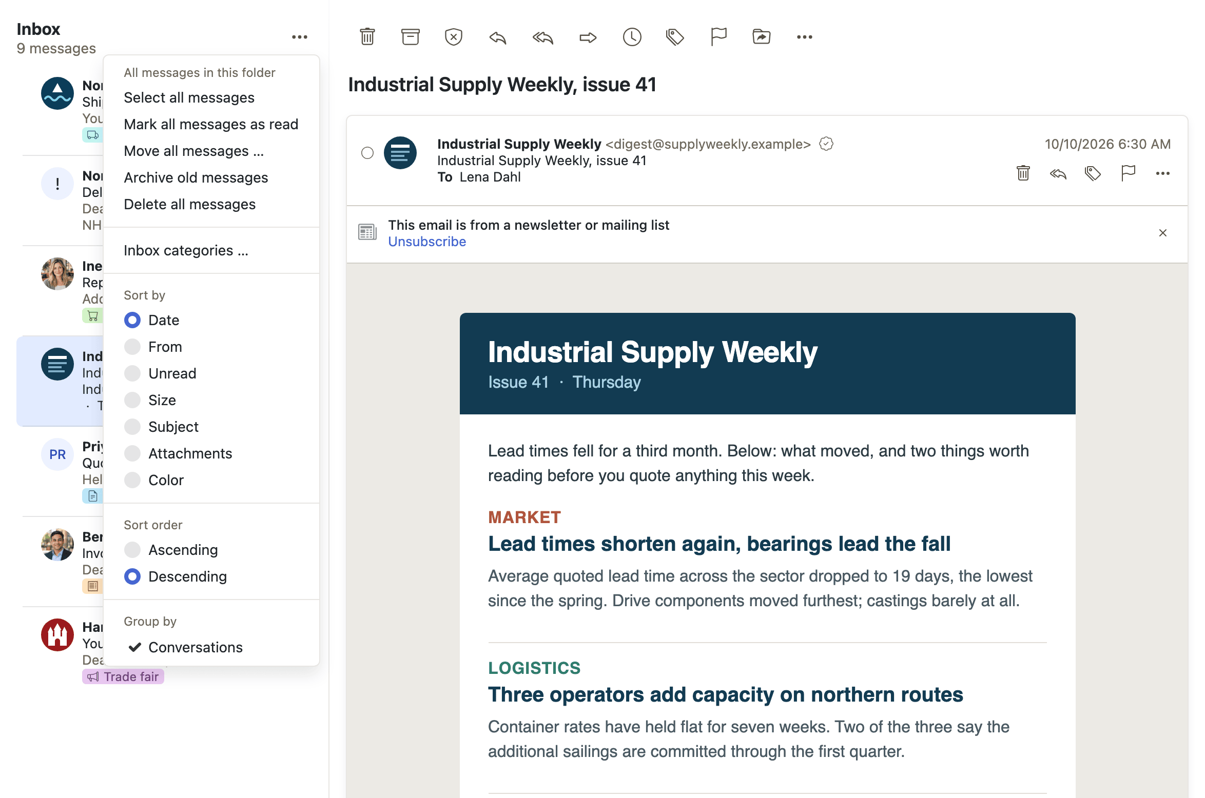 The list header menu, with layout, sorting and conversation grouping