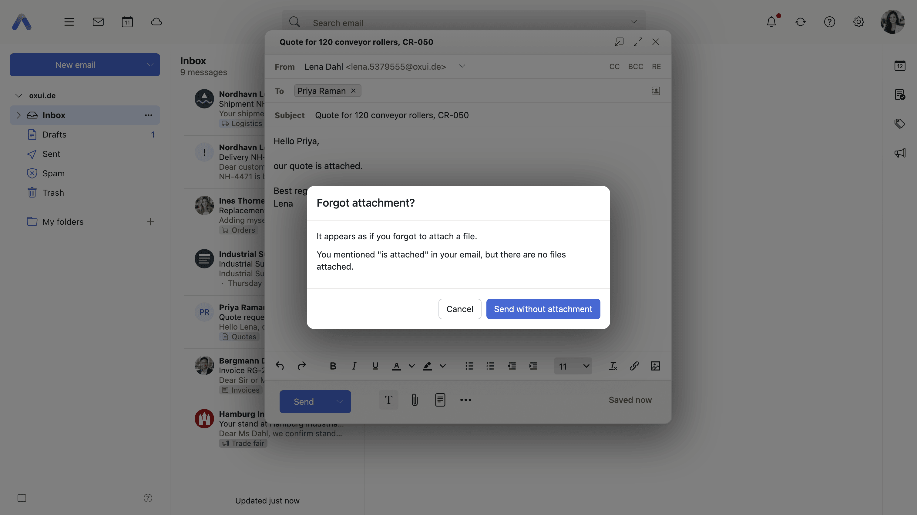 A message that mentions an attachment but carries none