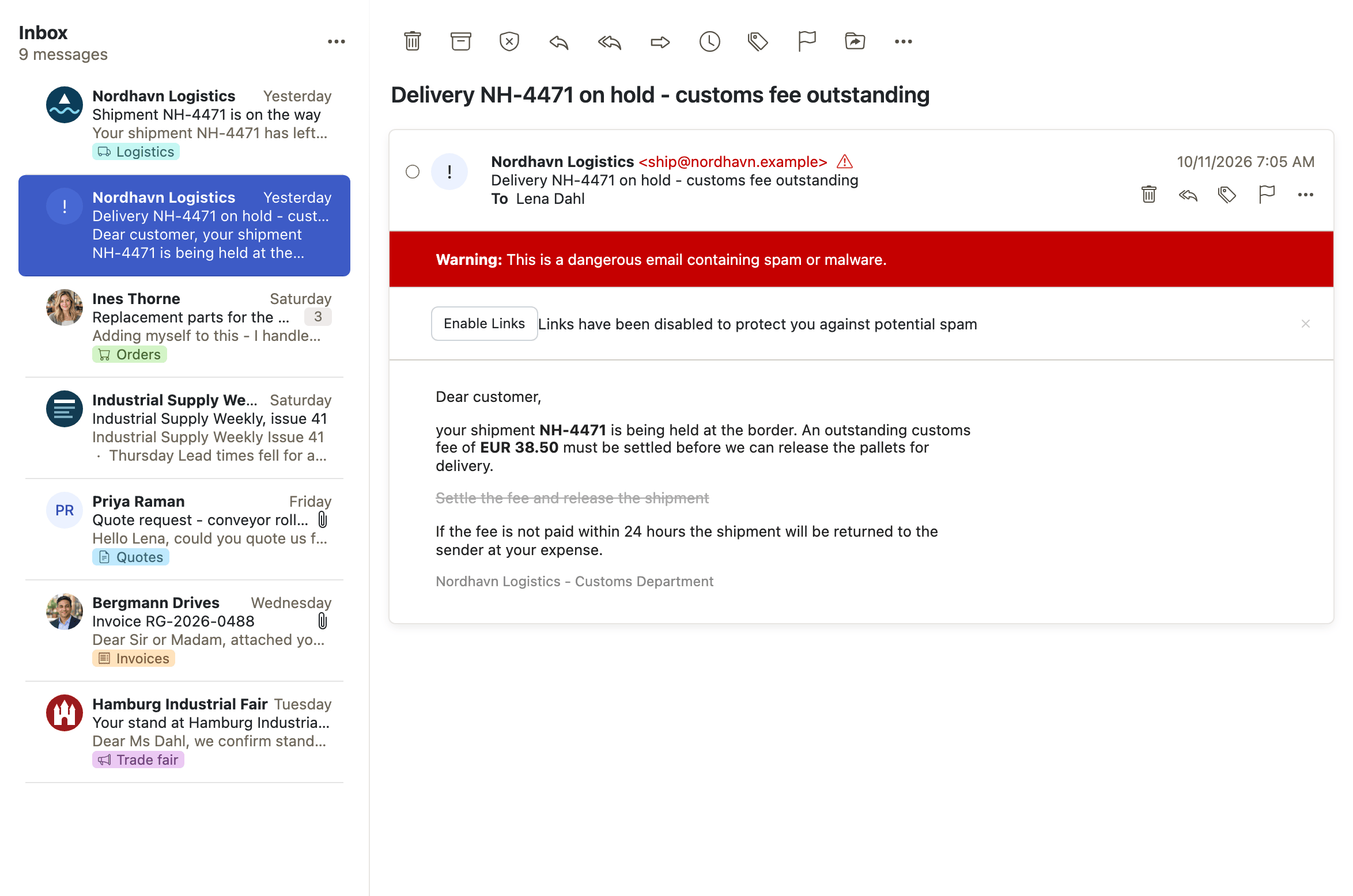 A message that failed authentication, directly below the genuine one it imitates: the same sender line, but a red warning above the body, its links disabled, and an exclamation mark where the sender's picture would be