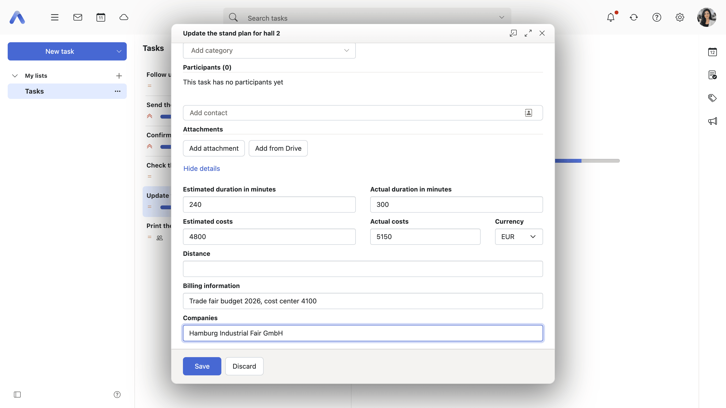 The detail block in the edit dialog, revealed by Show details
