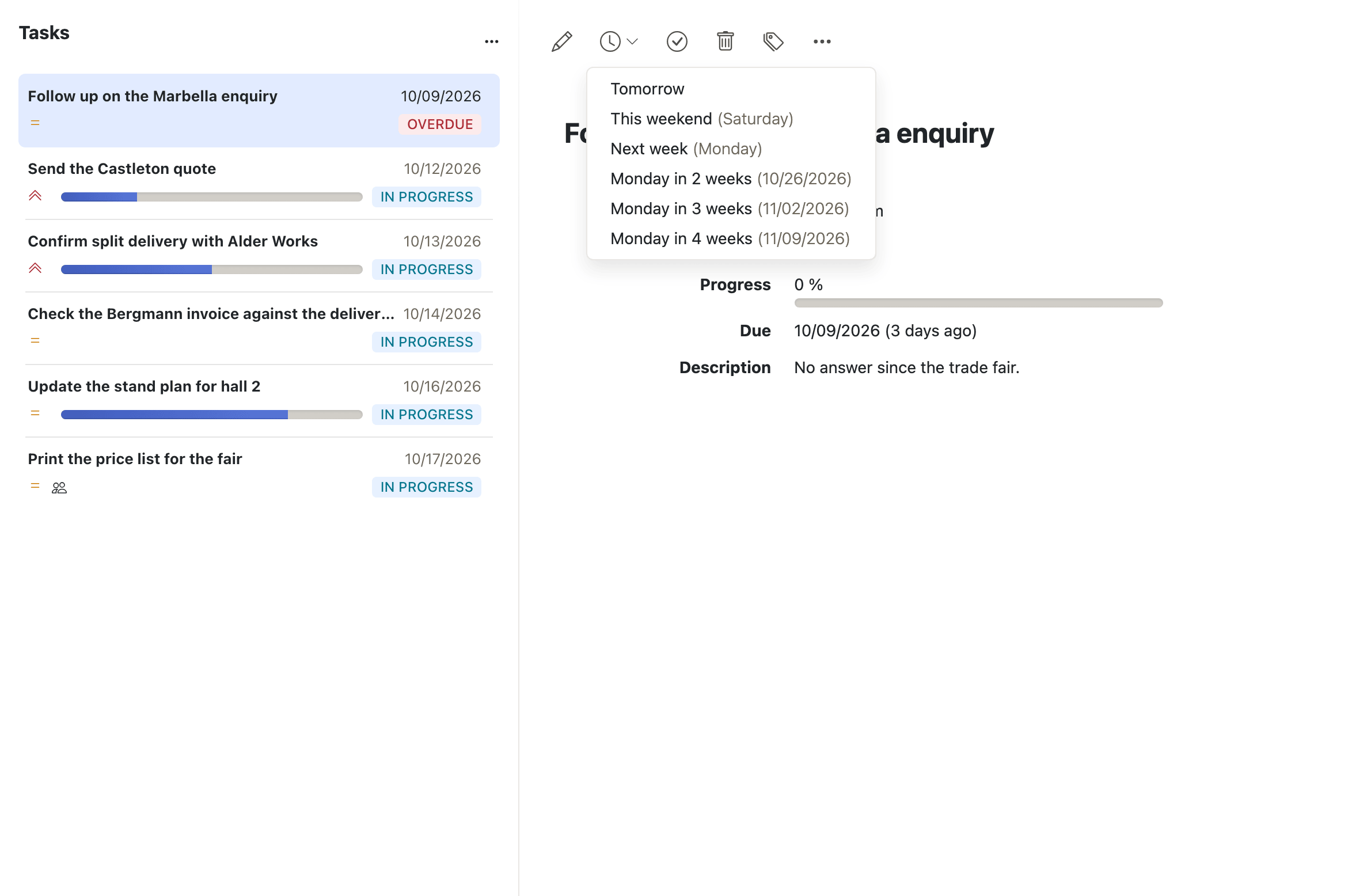 The Due dropdown in the toolbar, rescheduling an overdue task