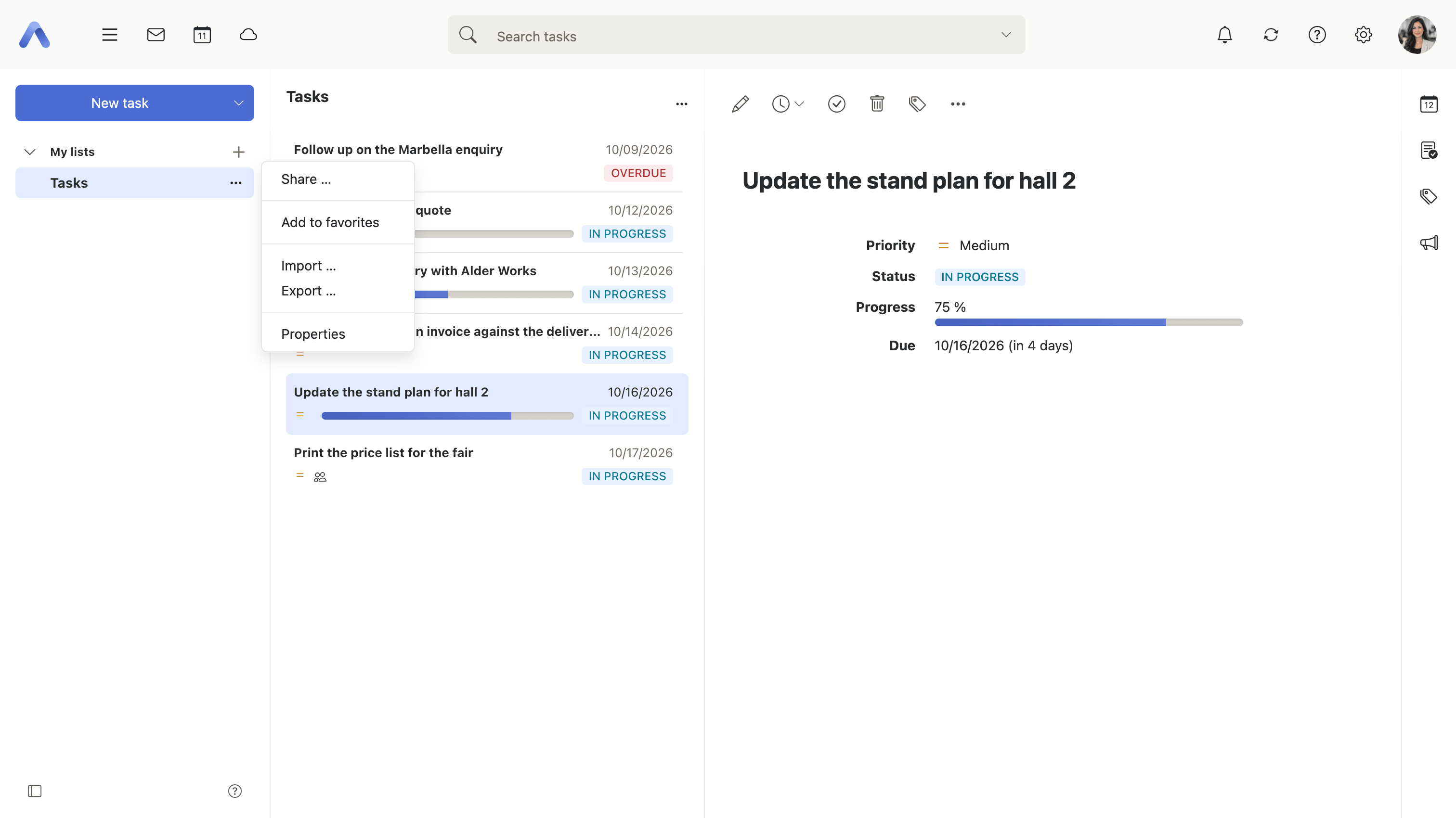 A task list's own actions menu, beside it in the tree