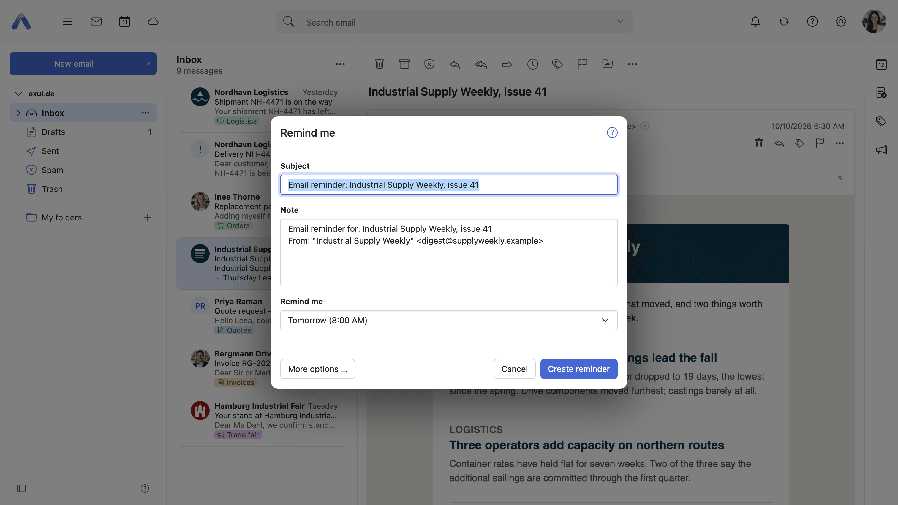 The Remind me dialog, opened on a message in Mail